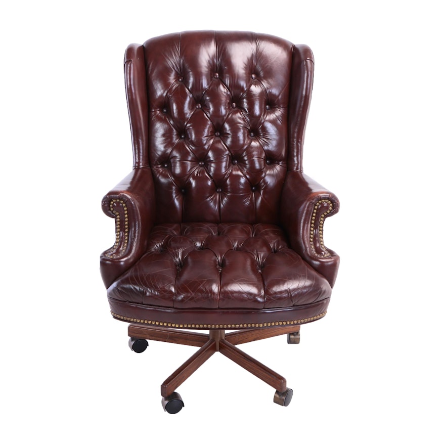 Leather Rolling Office Wingback Armchair, 20th Century