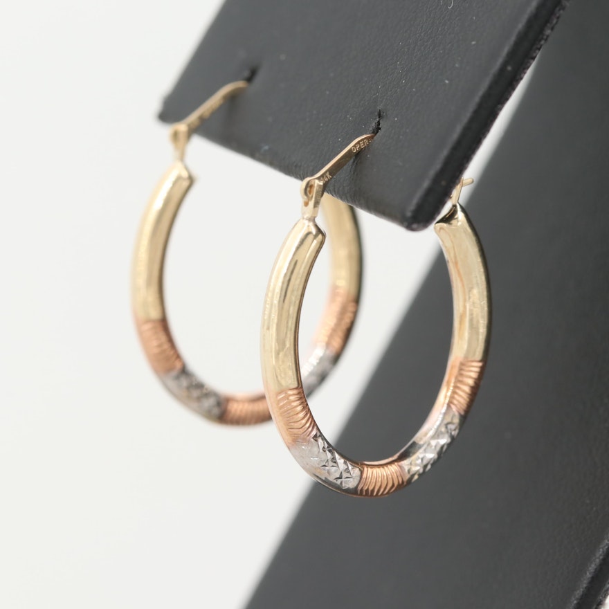 14K Yellow Gold Hoop Earrings with Rose and White Gold Textured Accents