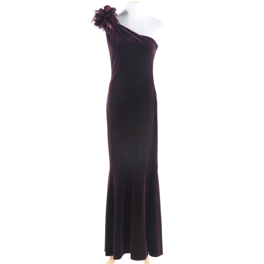 David Meister Aubergine Velour One-Shoulder Gown with Feathers