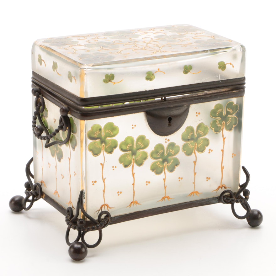 Gilt Metal Mounted Hand-Painted Glass Casket with Clover Motif