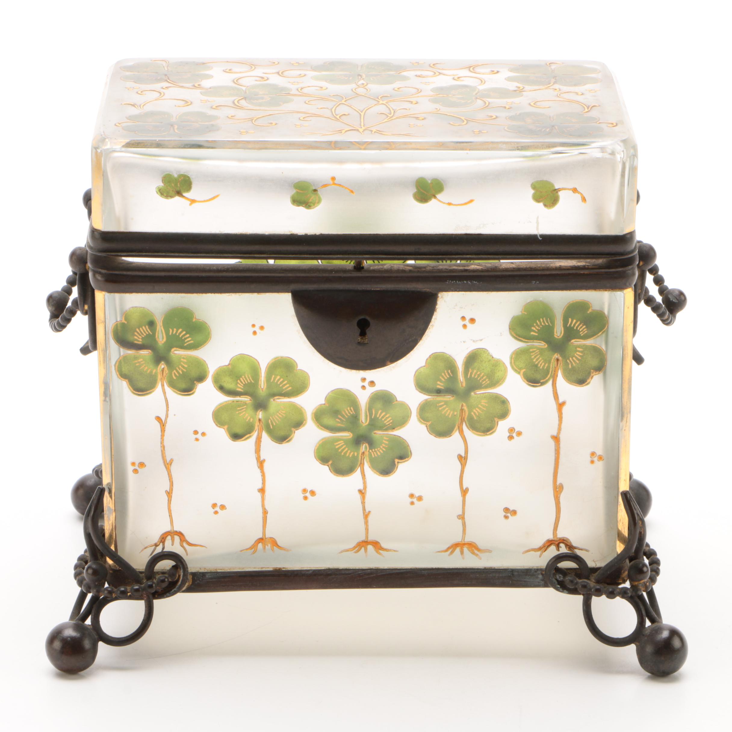 Gilt Metal Mounted Hand-Painted Glass Casket with Clover Motif