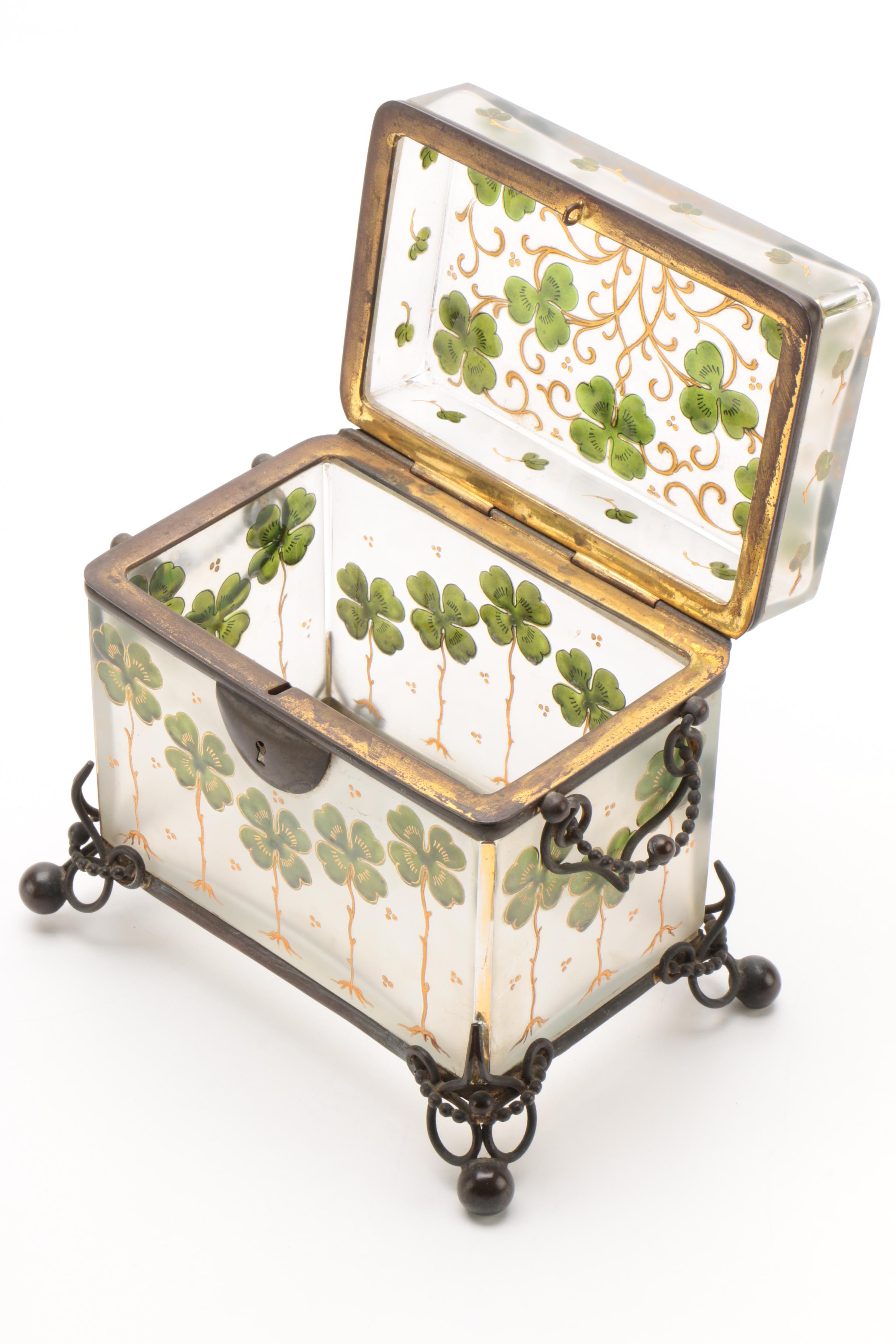 Gilt Metal Mounted Hand-Painted Glass Casket with Clover Motif