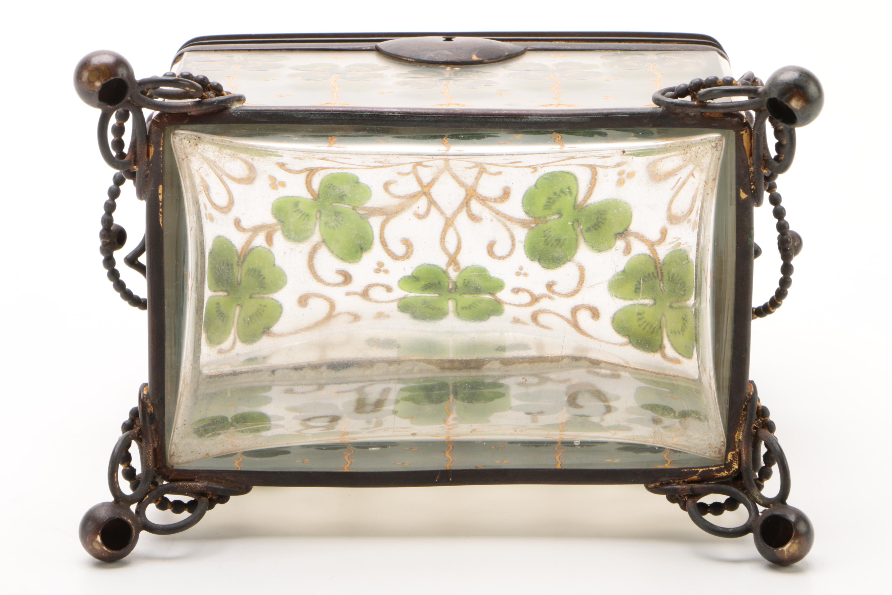 Gilt Metal Mounted Hand-Painted Glass Casket with Clover Motif