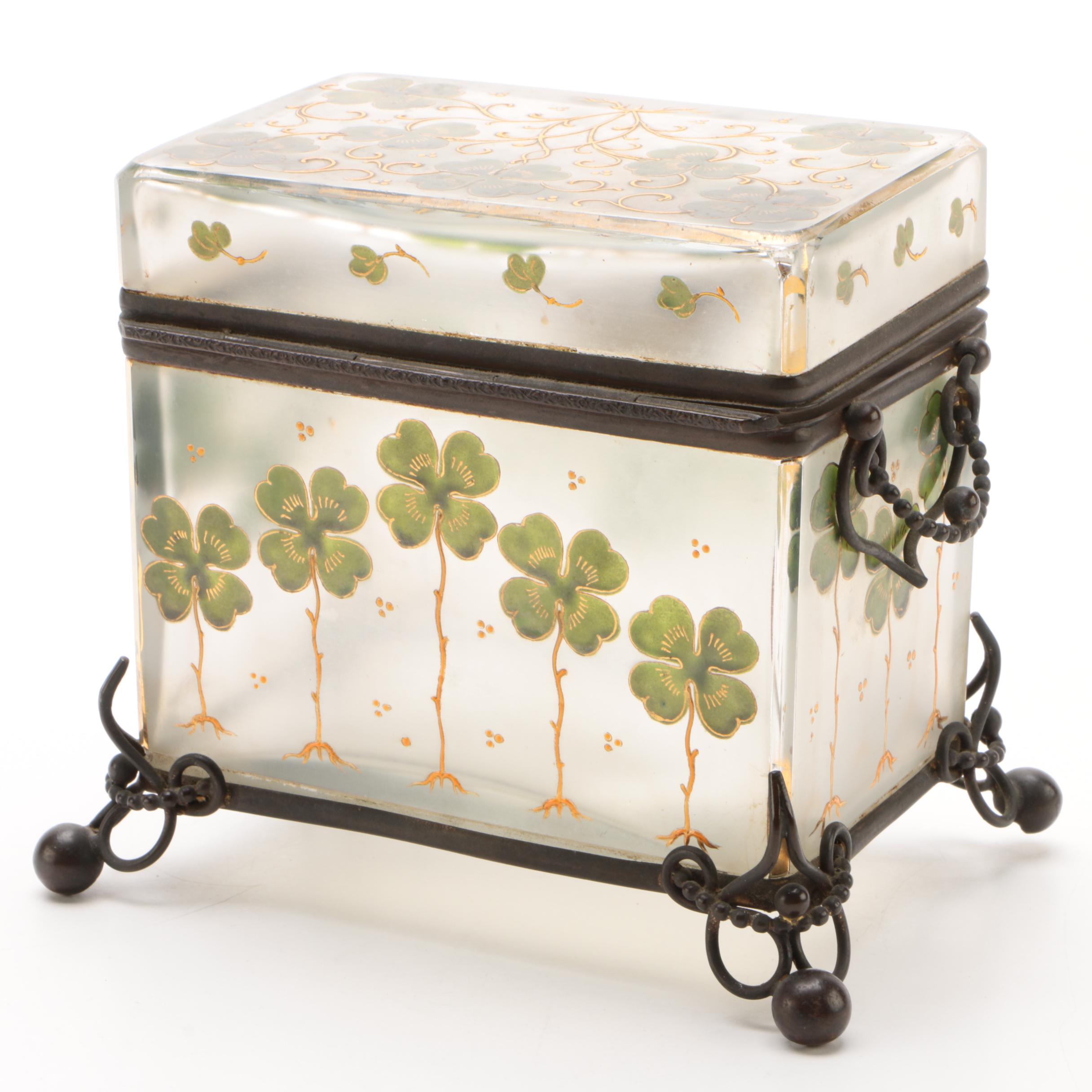 Gilt Metal Mounted Hand-Painted Glass Casket with Clover Motif
