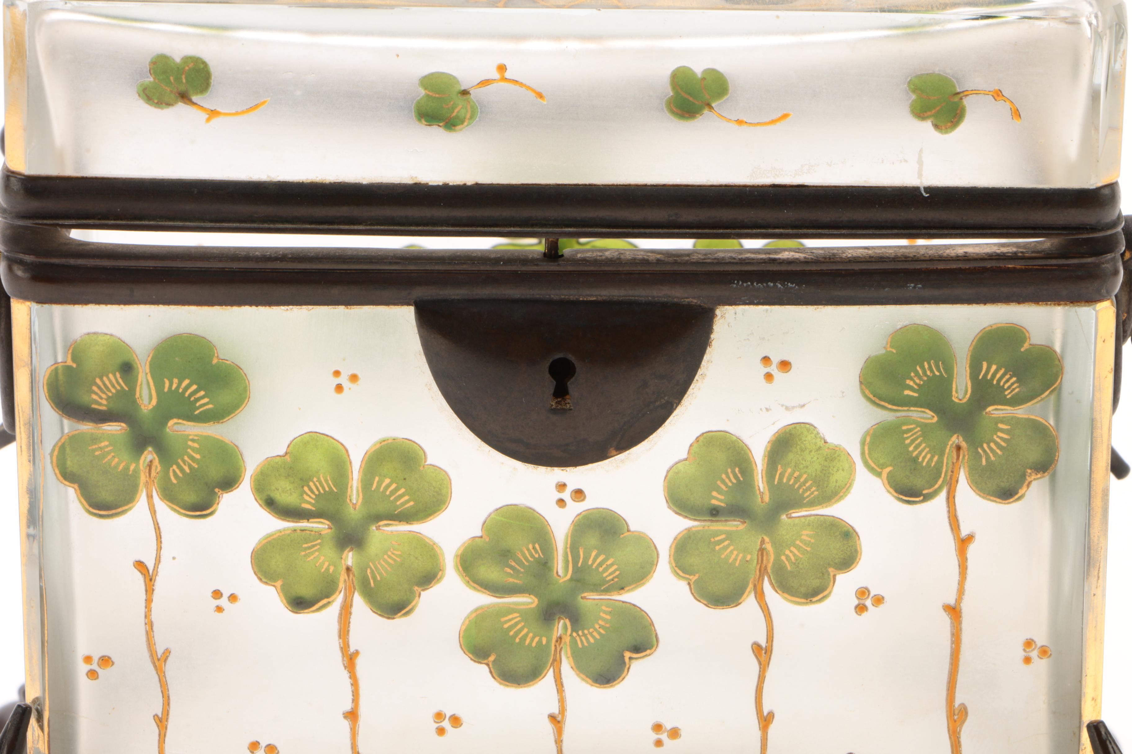 Gilt Metal Mounted Hand-Painted Glass Casket with Clover Motif