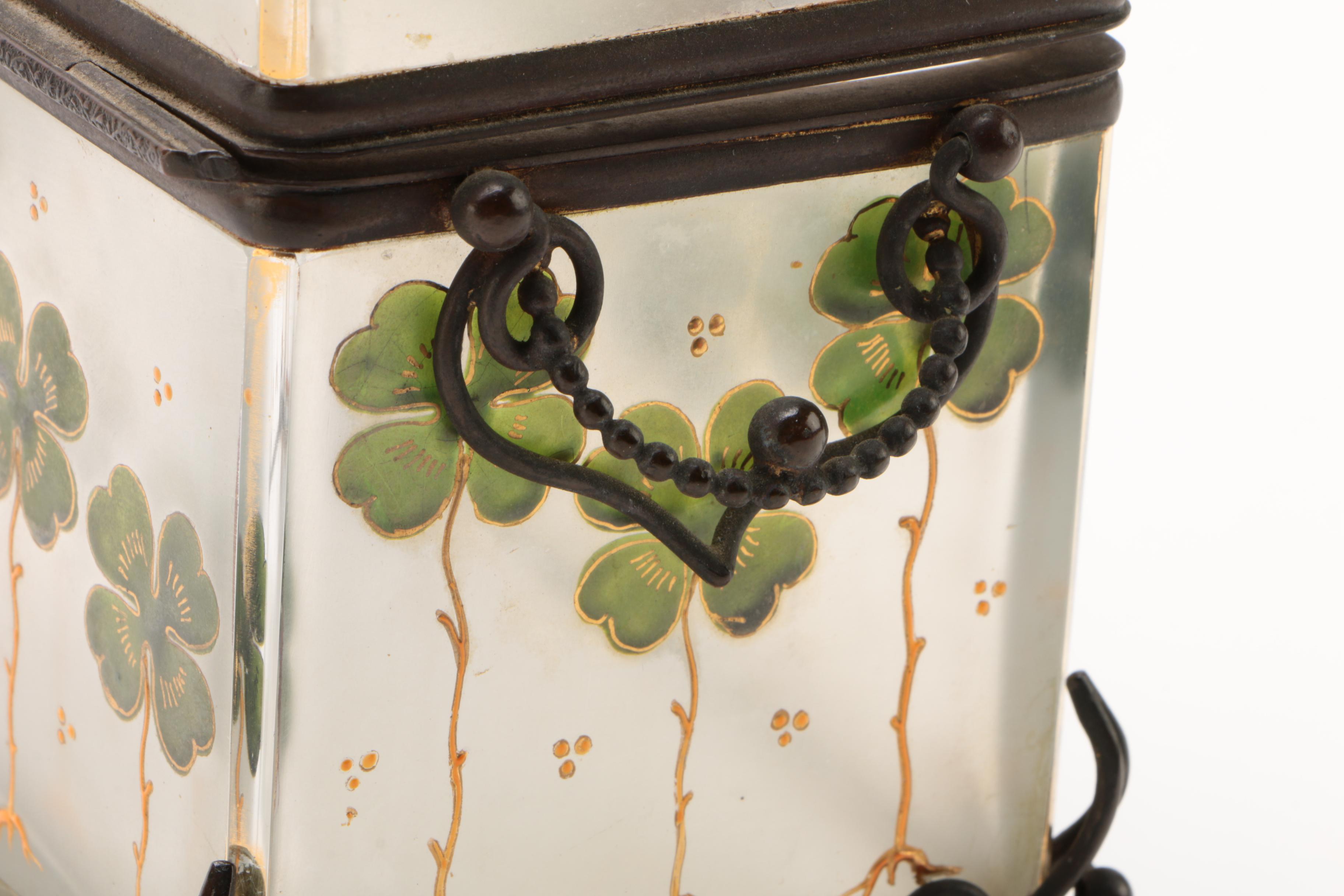 Gilt Metal Mounted Hand-Painted Glass Casket with Clover Motif