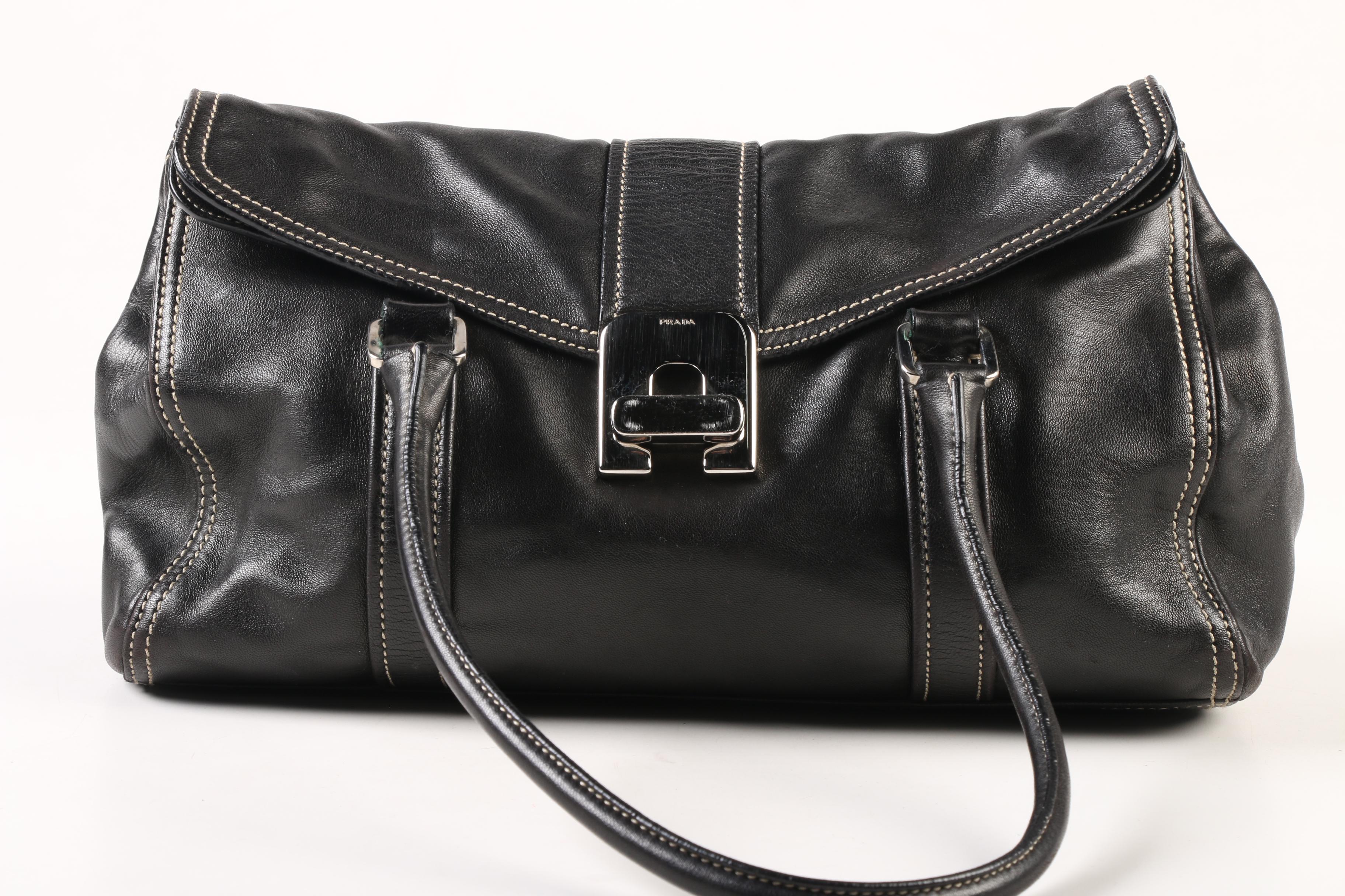 Prada Flap Front Turn Lock Shoulder Bag in Black Leather