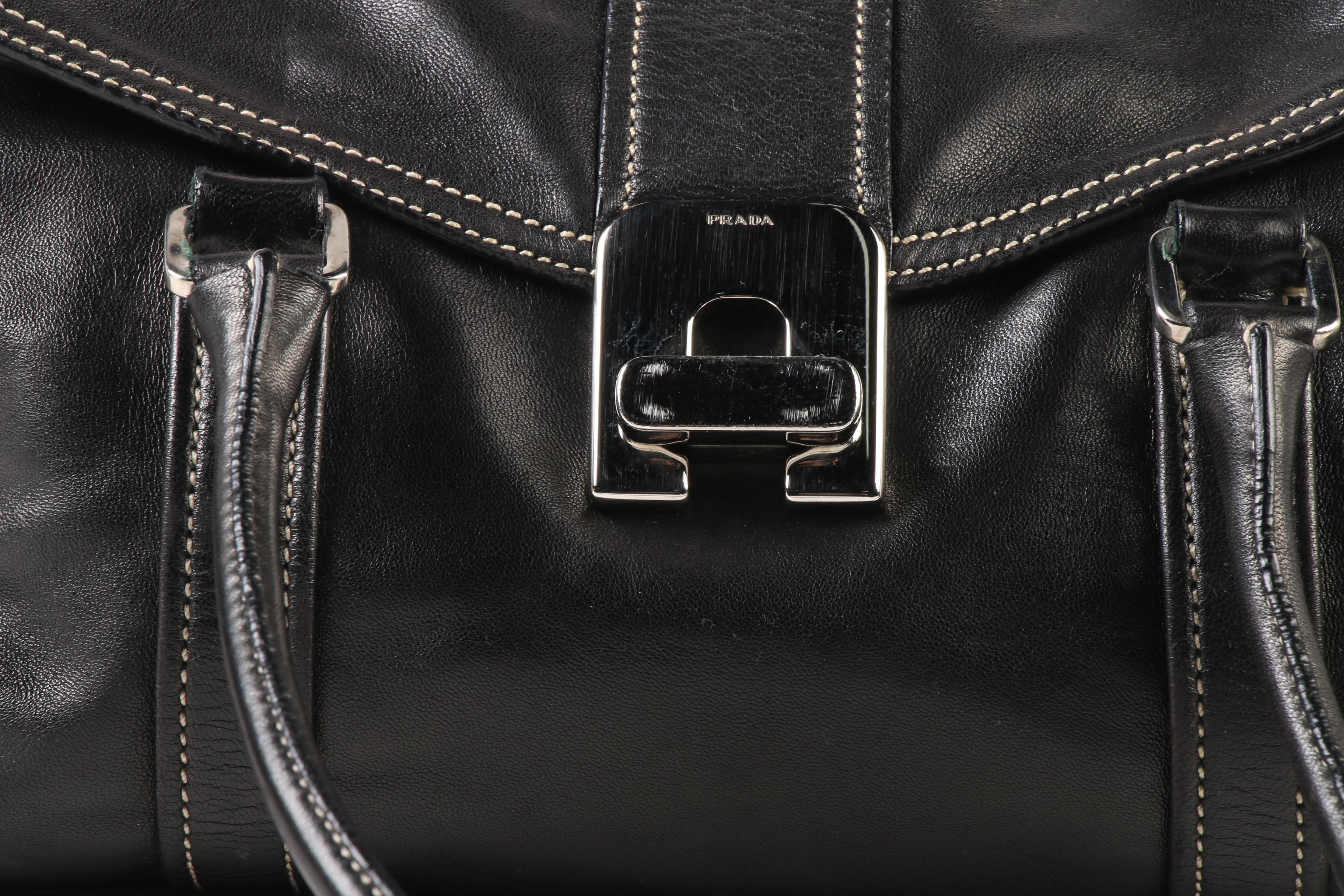 Prada Flap Front Turn Lock Shoulder Bag in Black Leather