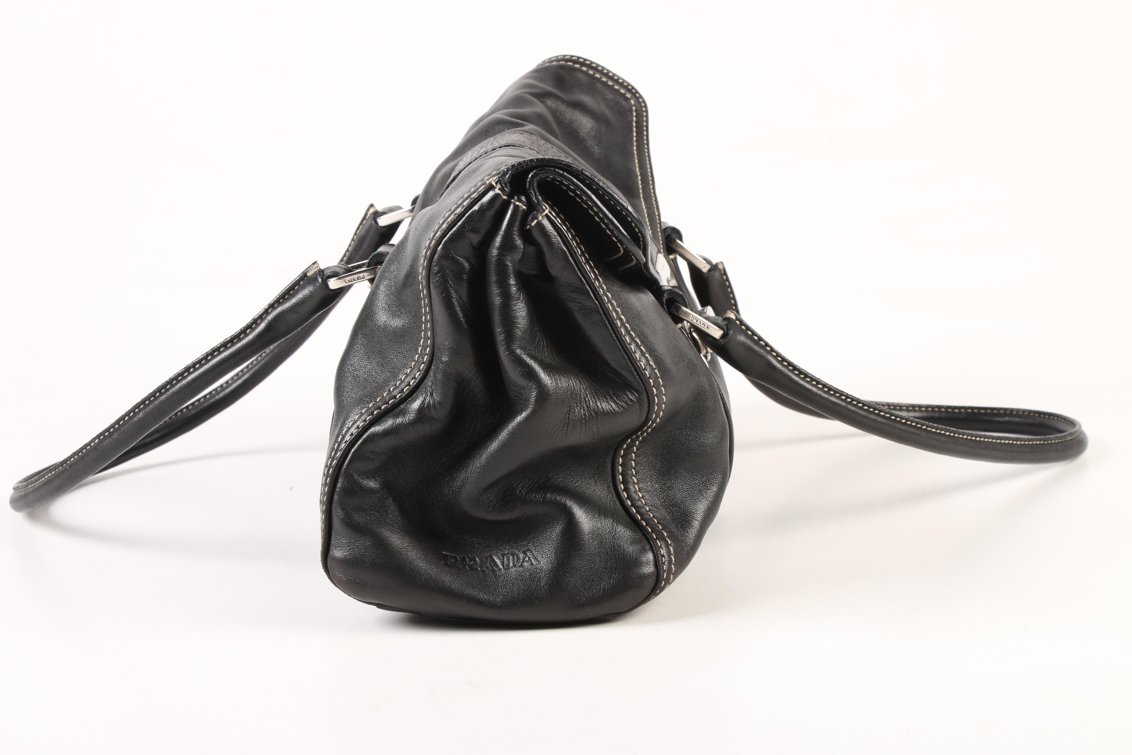 Prada Flap Front Turn Lock Shoulder Bag in Black Leather