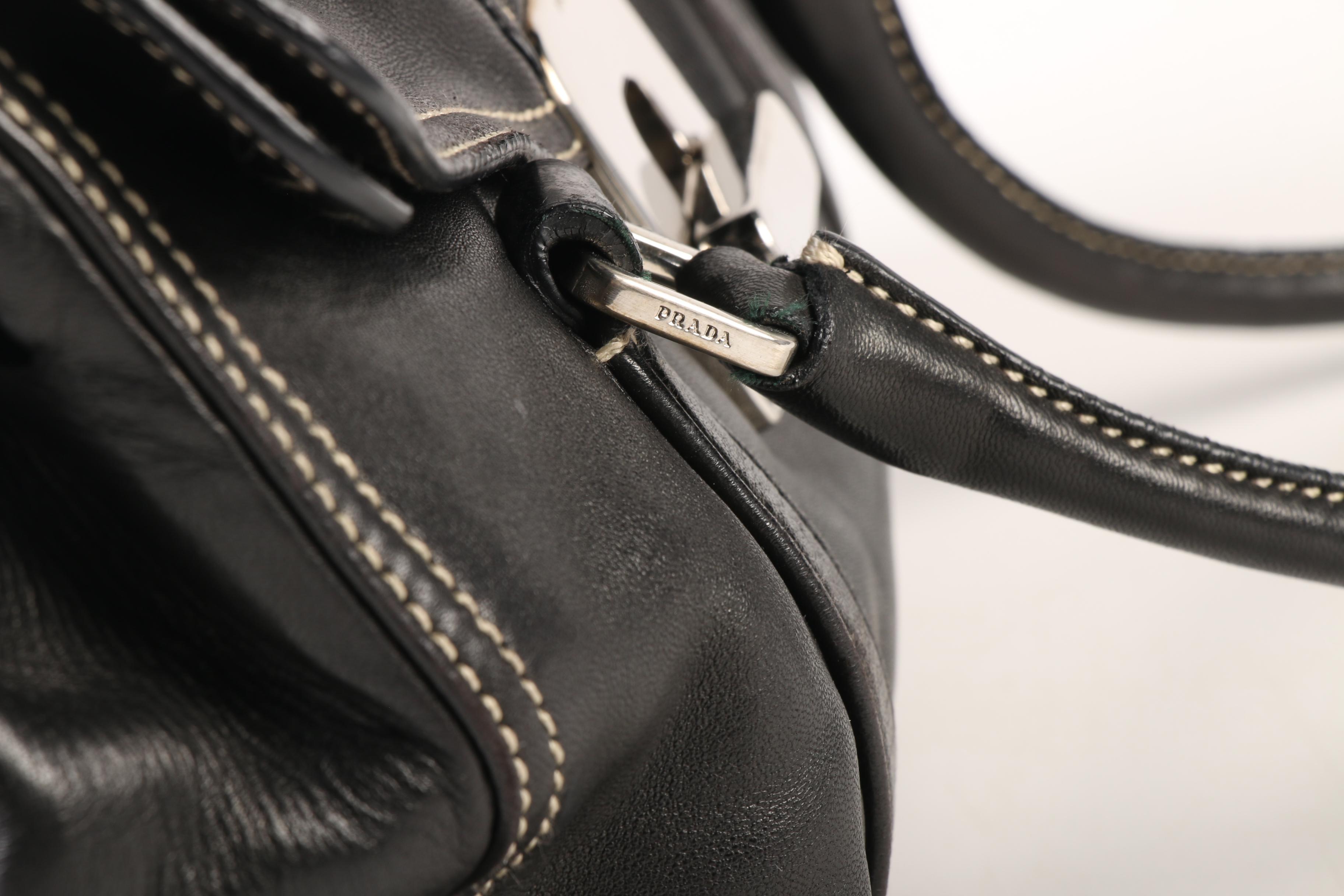 Prada Flap Front Turn Lock Shoulder Bag in Black Leather