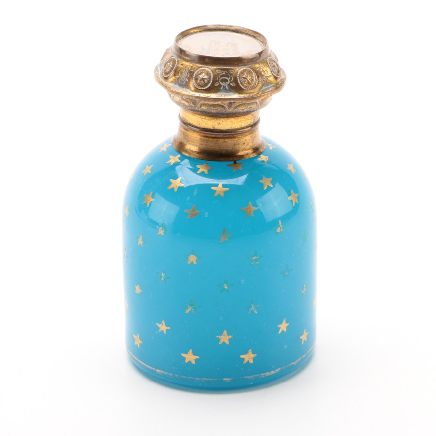 Parisian Blue Opaline Glass Perfume Bottle with Notre-Dame Lithograph Lid