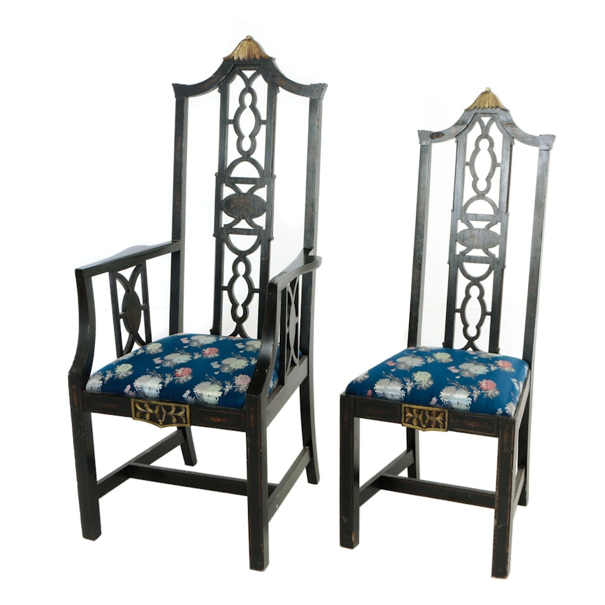 Two Chinoiserie Ebonized and Parcel-Gilt Dining Chairs, 20th Century