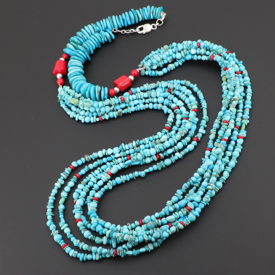 Sterling Silver Turquoise and Coral Multi-Strand Necklace