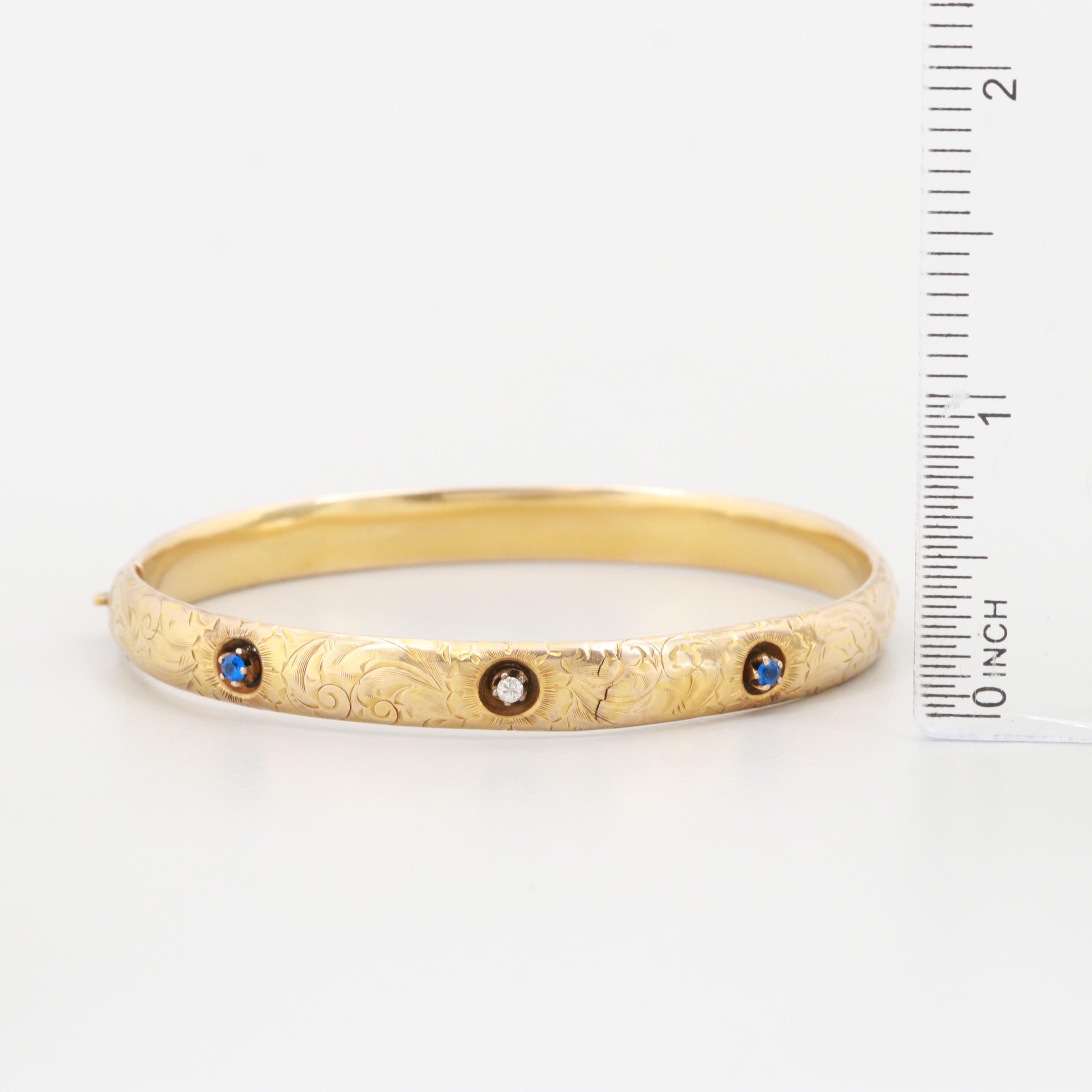 Vintage 10K Yellow Gold Diamond and Synthetic Spinel Bangle Bracelet