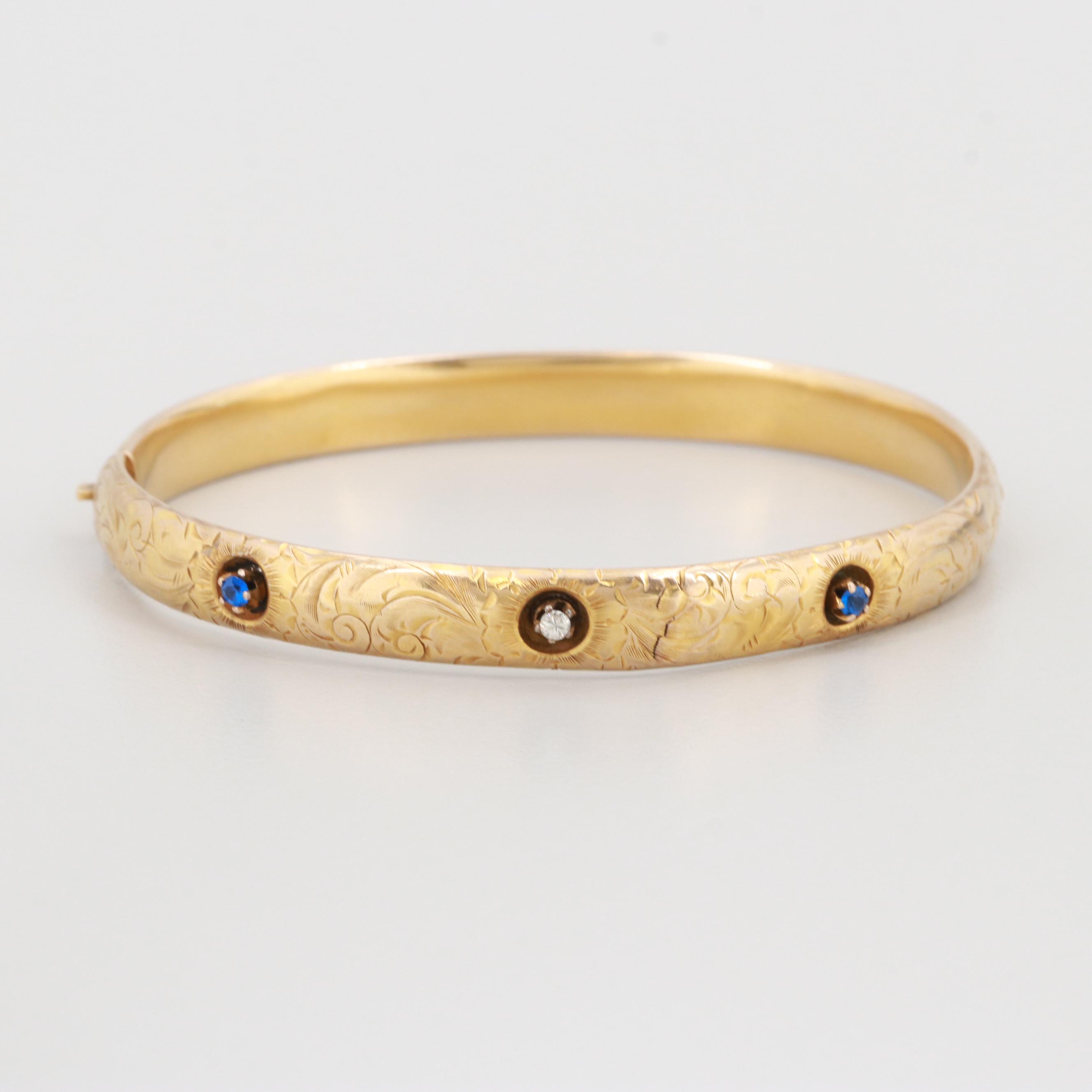 Vintage 10K Yellow Gold Diamond and Synthetic Spinel Bangle Bracelet