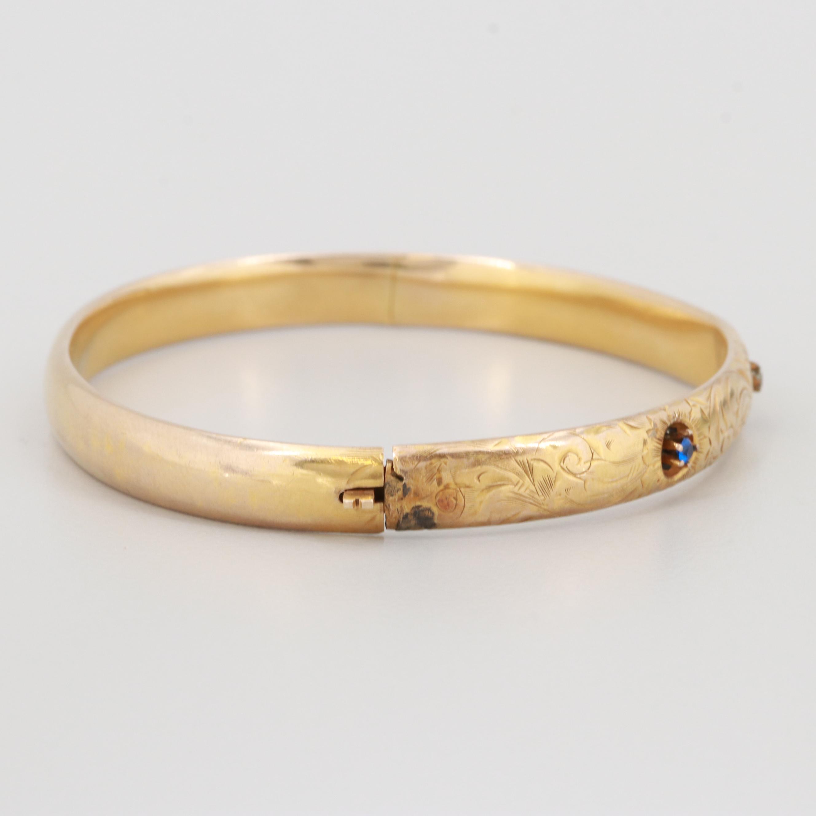 Vintage 10K Yellow Gold Diamond and Synthetic Spinel Bangle Bracelet