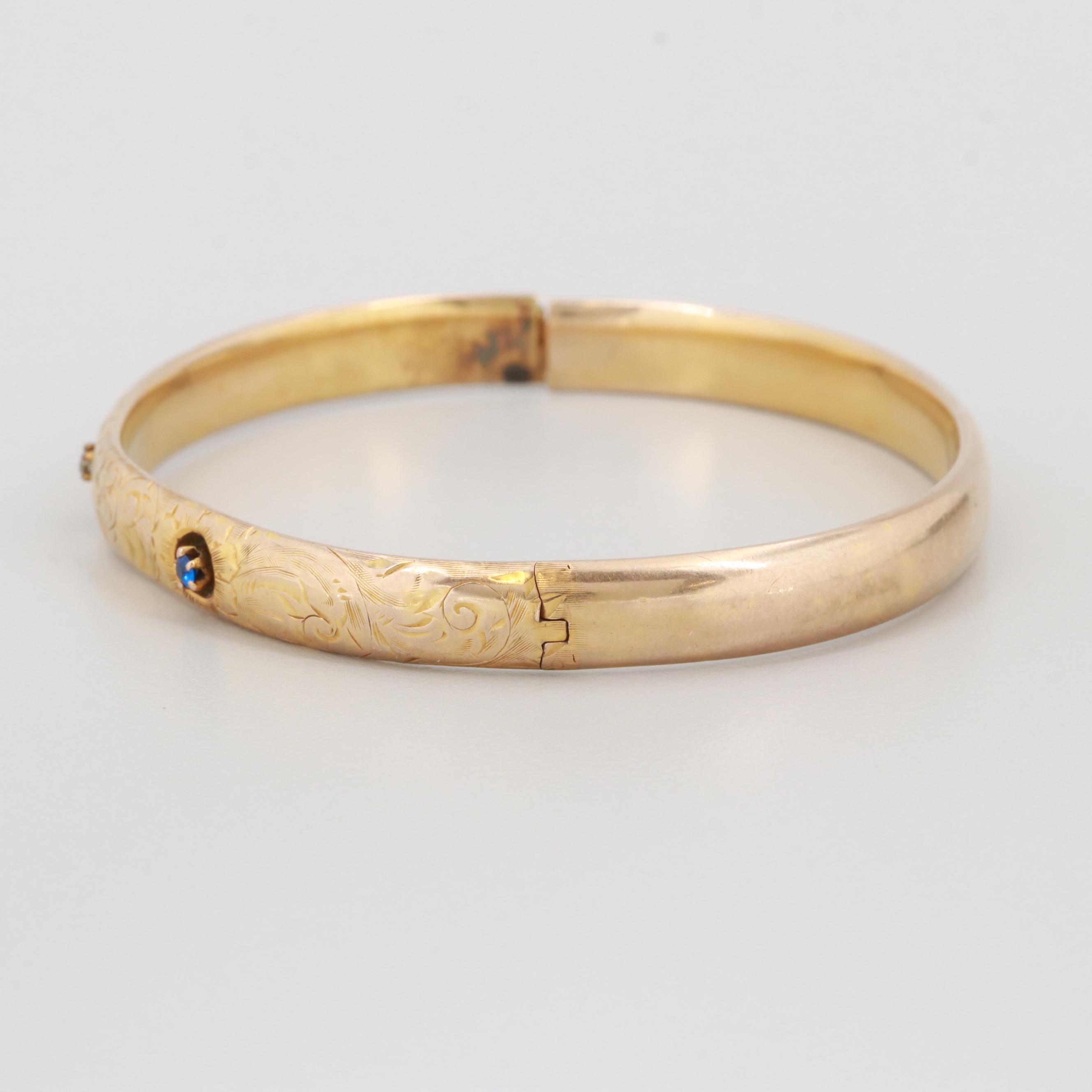 Vintage 10K Yellow Gold Diamond and Synthetic Spinel Bangle Bracelet