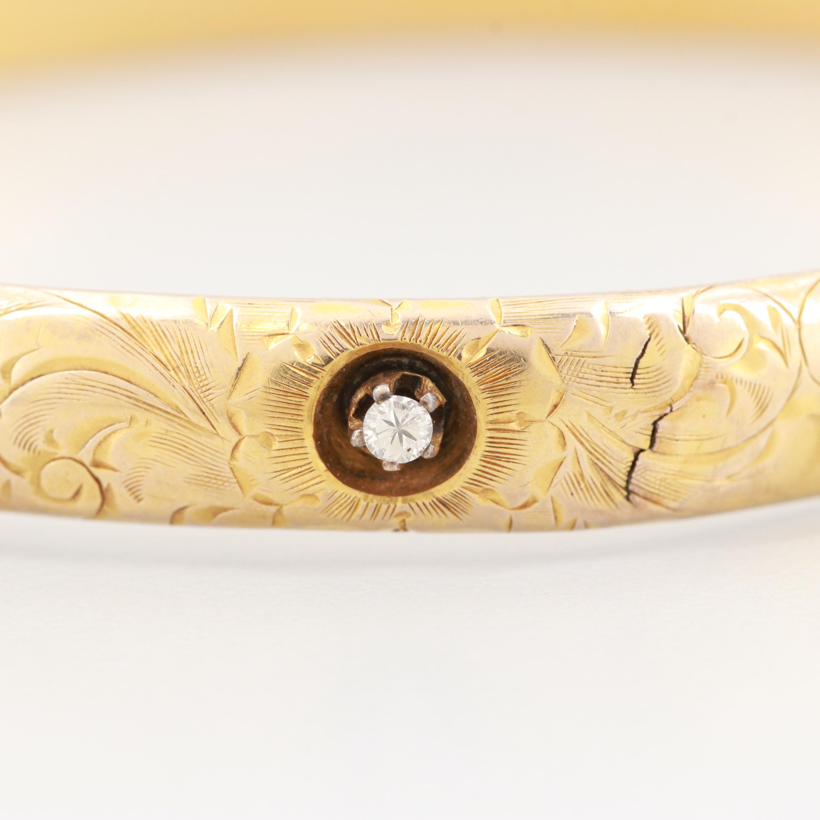 Vintage 10K Yellow Gold Diamond and Synthetic Spinel Bangle Bracelet