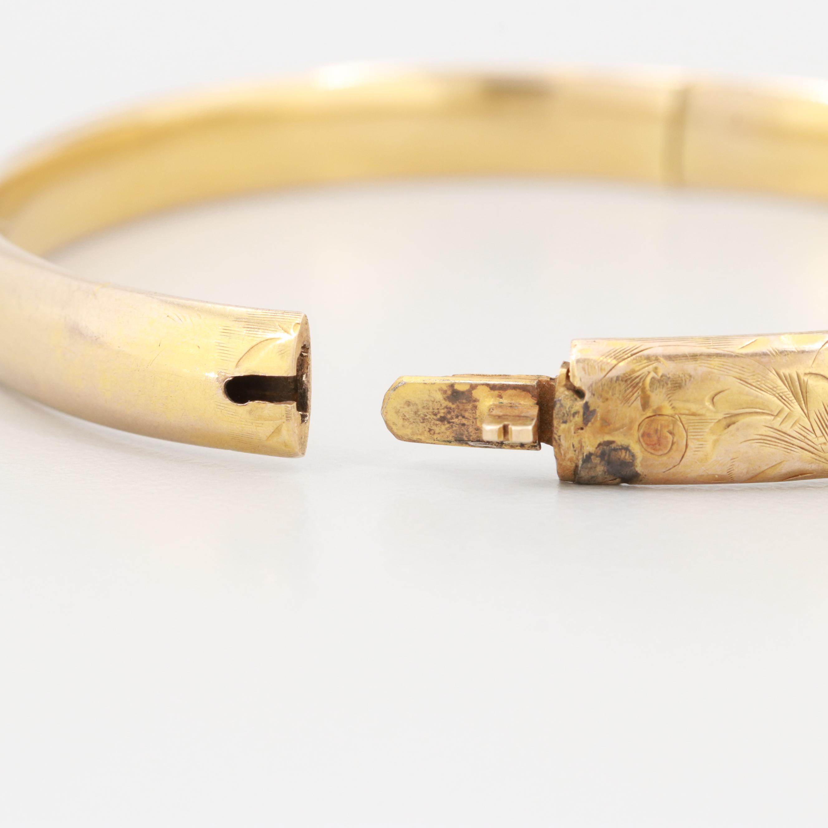 Vintage 10K Yellow Gold Diamond and Synthetic Spinel Bangle Bracelet