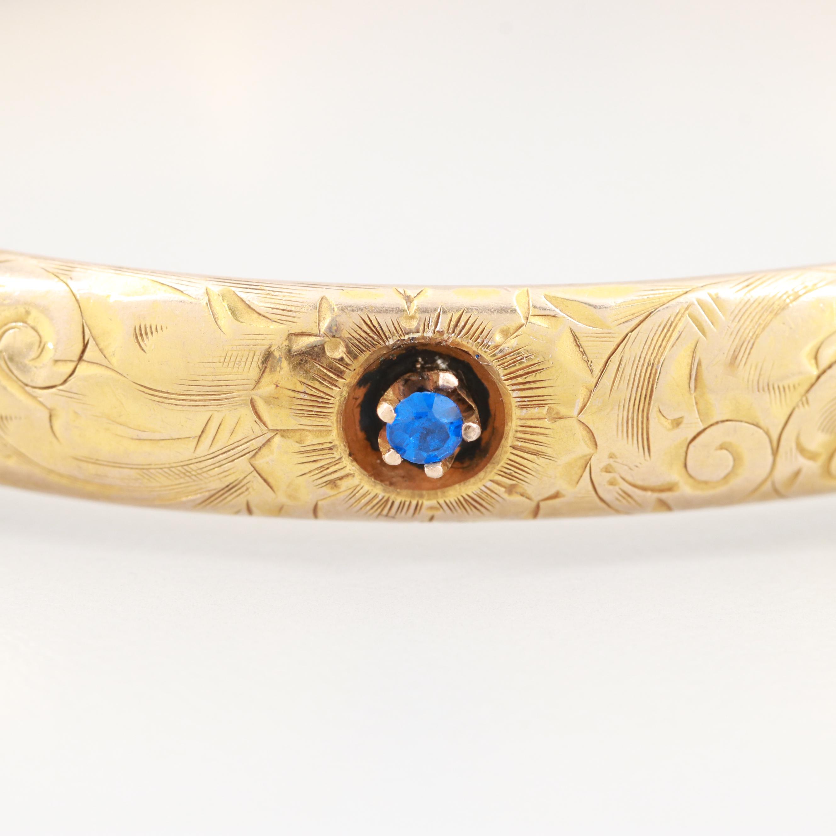 Vintage 10K Yellow Gold Diamond and Synthetic Spinel Bangle Bracelet