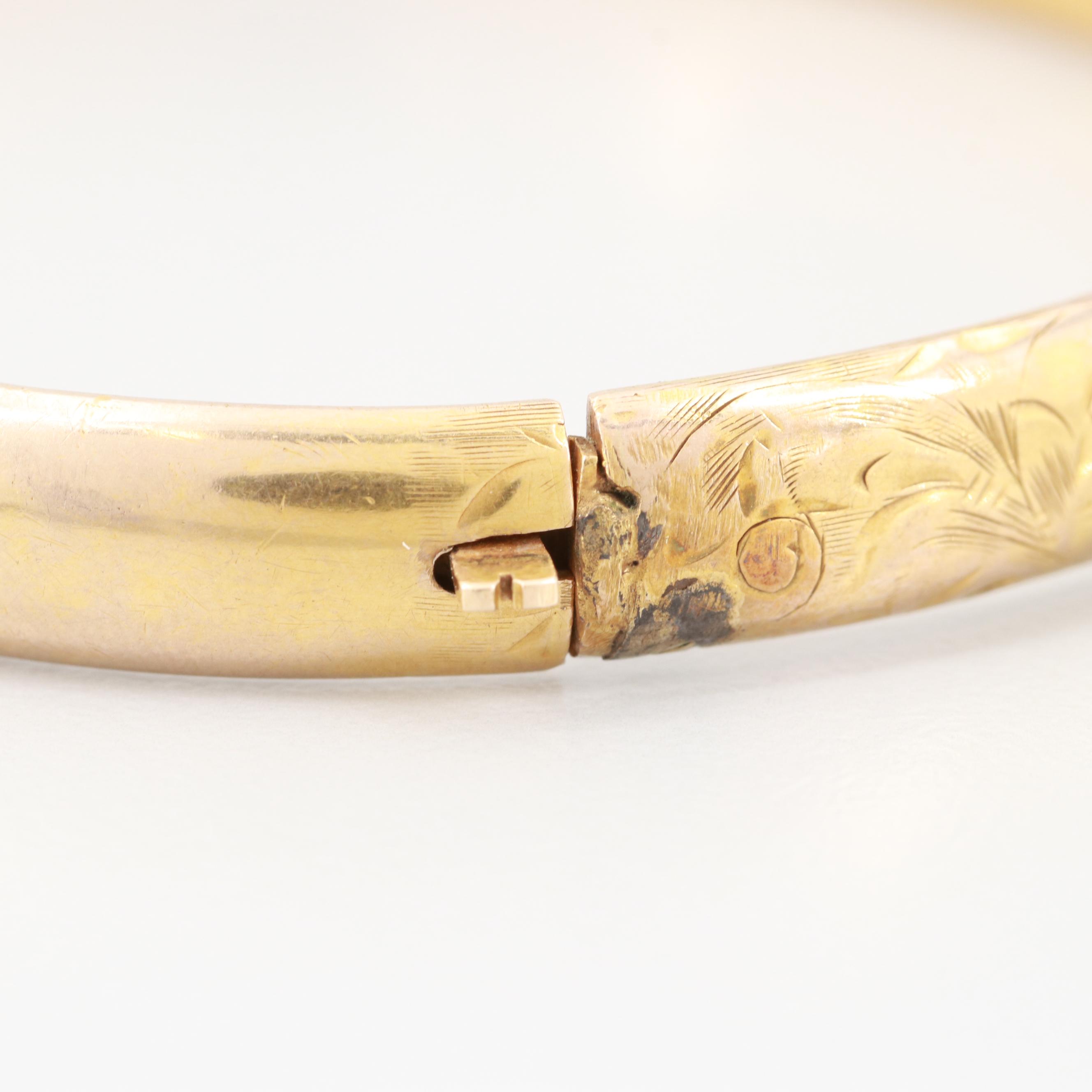 Vintage 10K Yellow Gold Diamond and Synthetic Spinel Bangle Bracelet