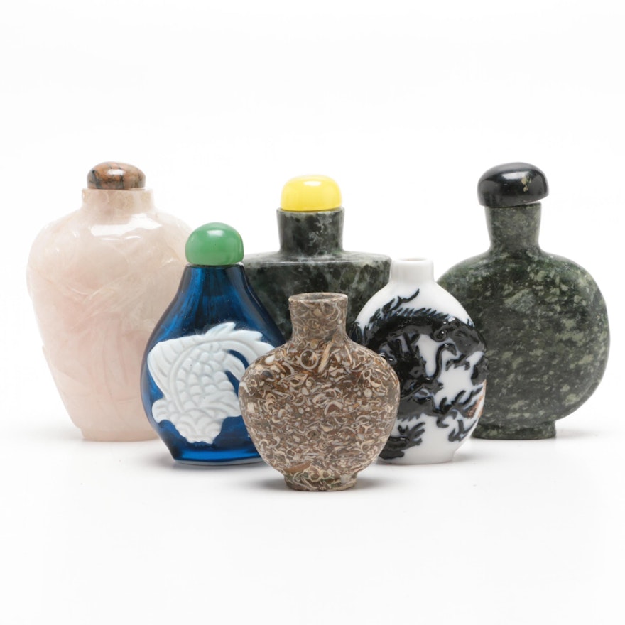 Chinese Marble, Rose Quartz, Fossiliferous Limestone and Glass Snuff Bottles