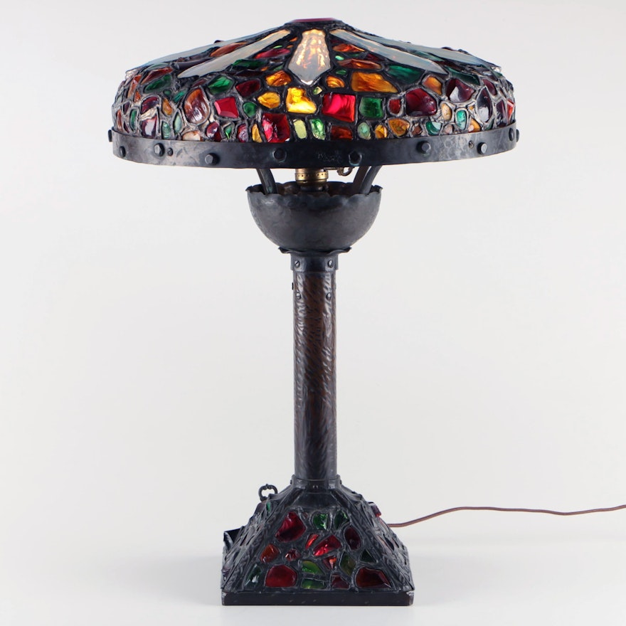 Austrian Bronze and Chunk Jewel Glass Table Lamp, Early 20th Century