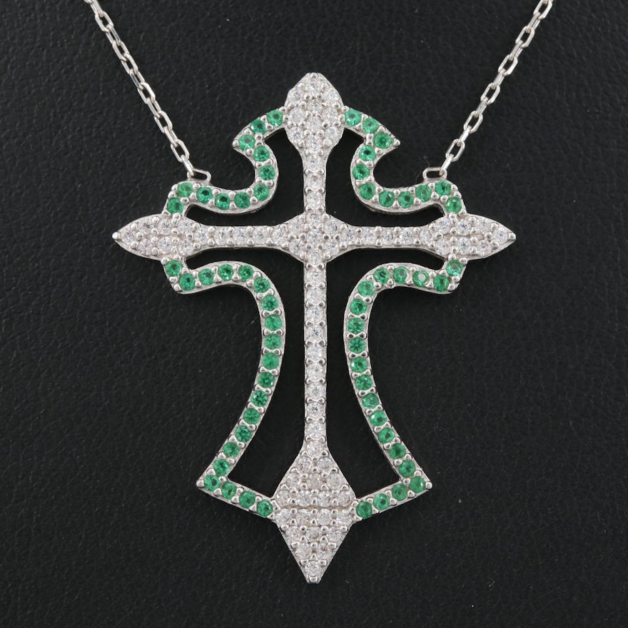 Sterling Silver Green and White Cubic Zirconia Cross Split Chain Necklace