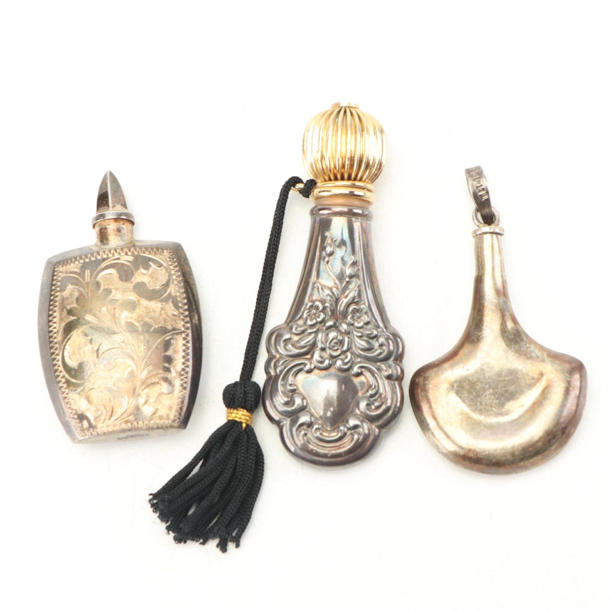 Three Sterling Silver Perfume Flasks, Early 20th Century