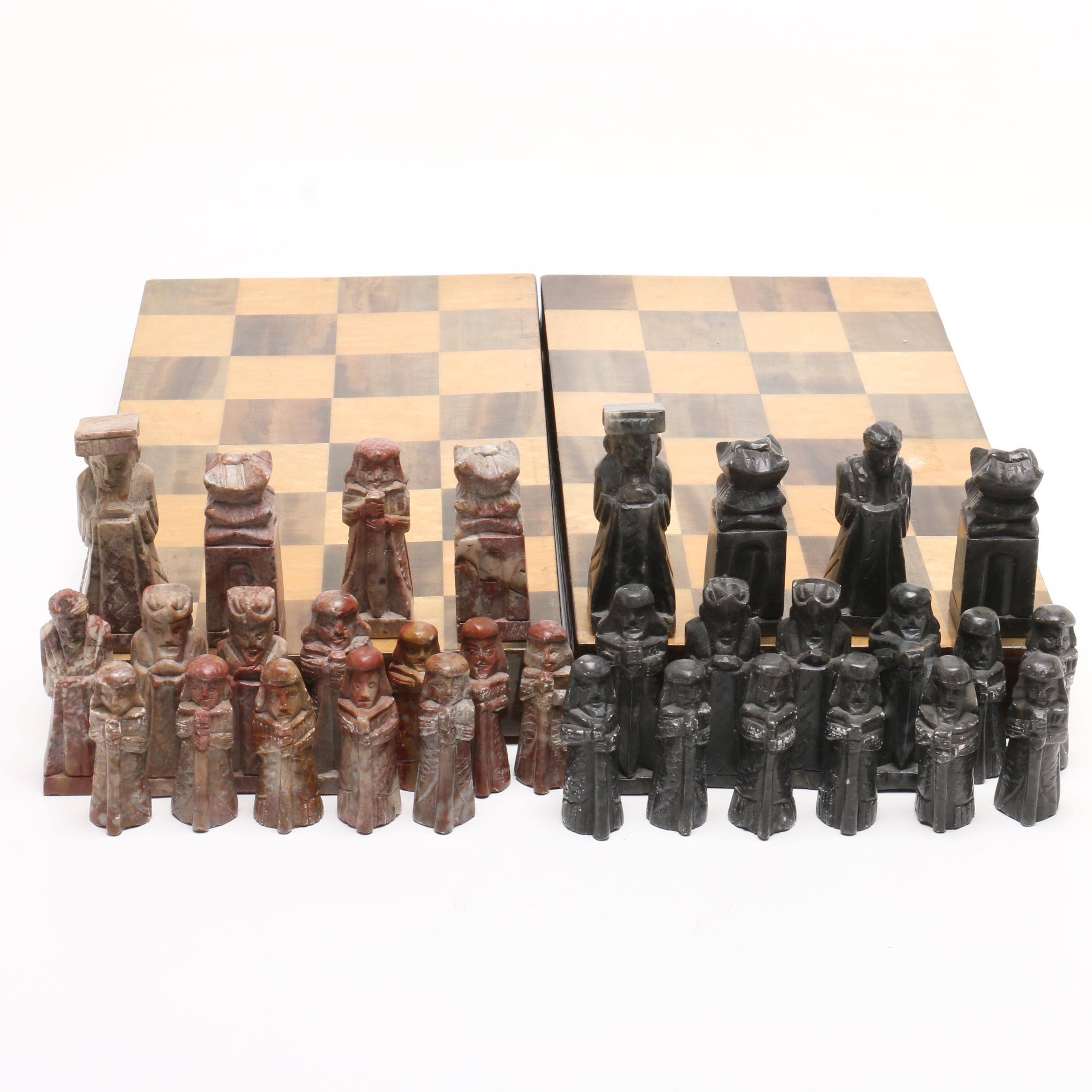 Korean Carved Soapstone and Resin on Wood Chess Set