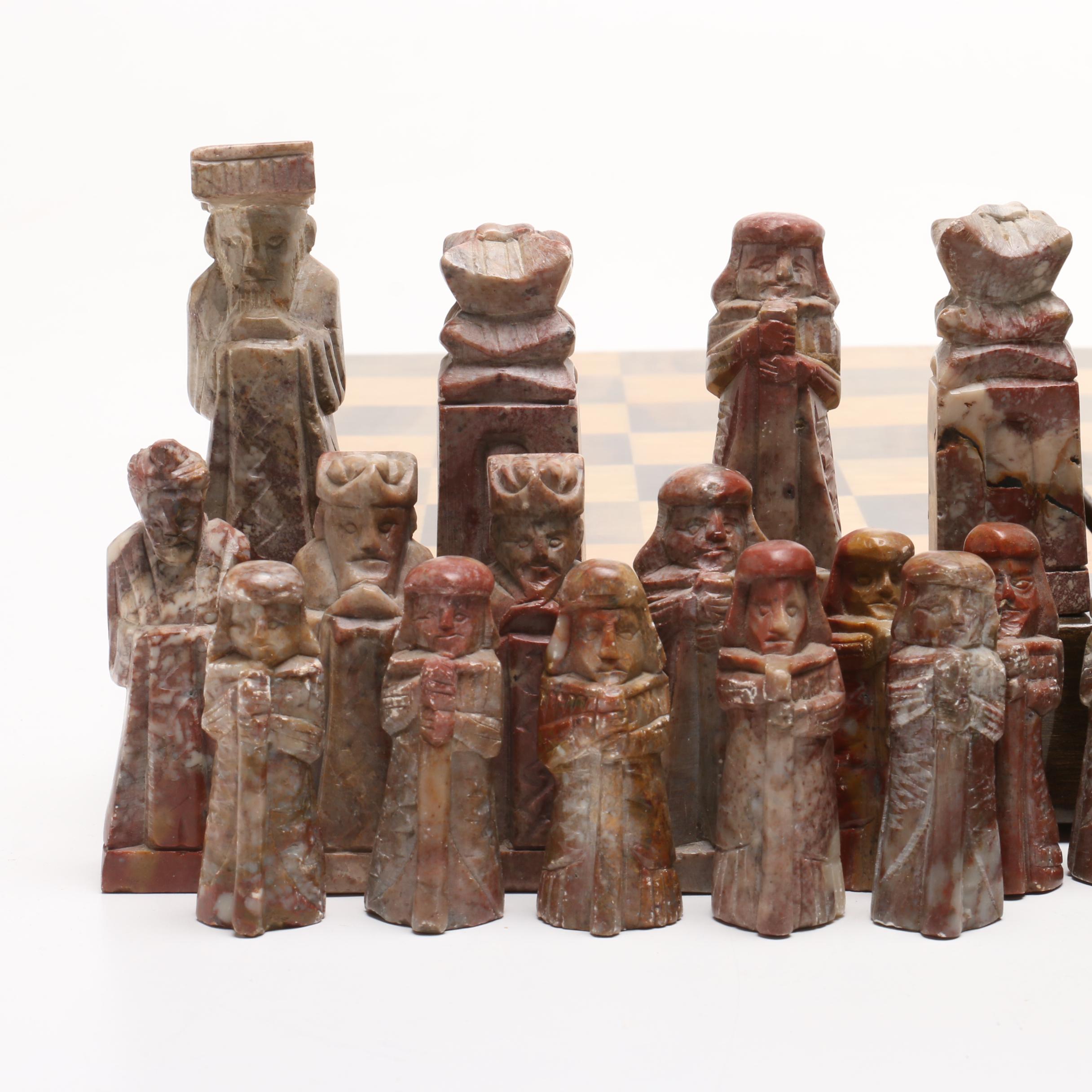 Korean Carved Soapstone and Resin on Wood Chess Set