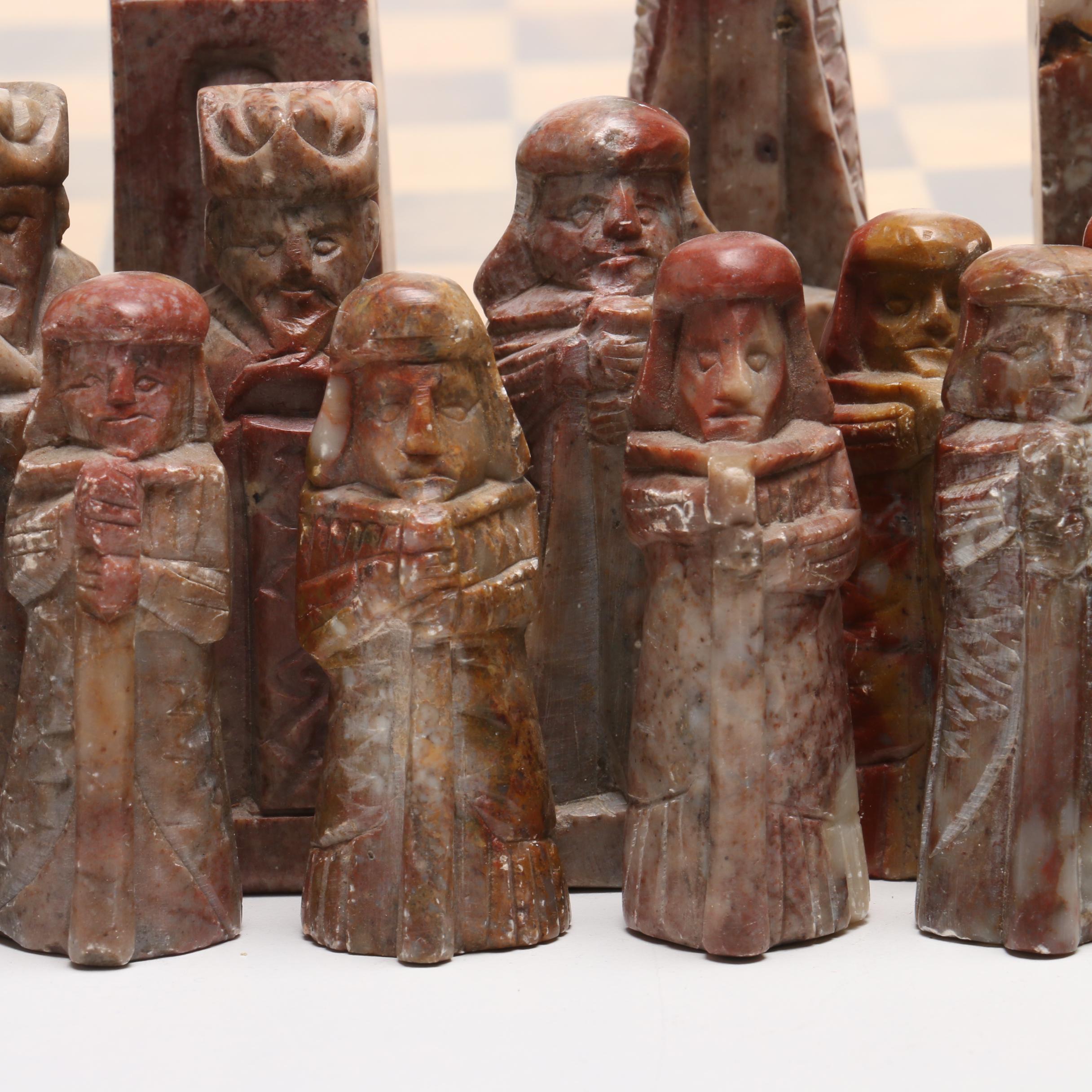 Korean Carved Soapstone and Resin on Wood Chess Set