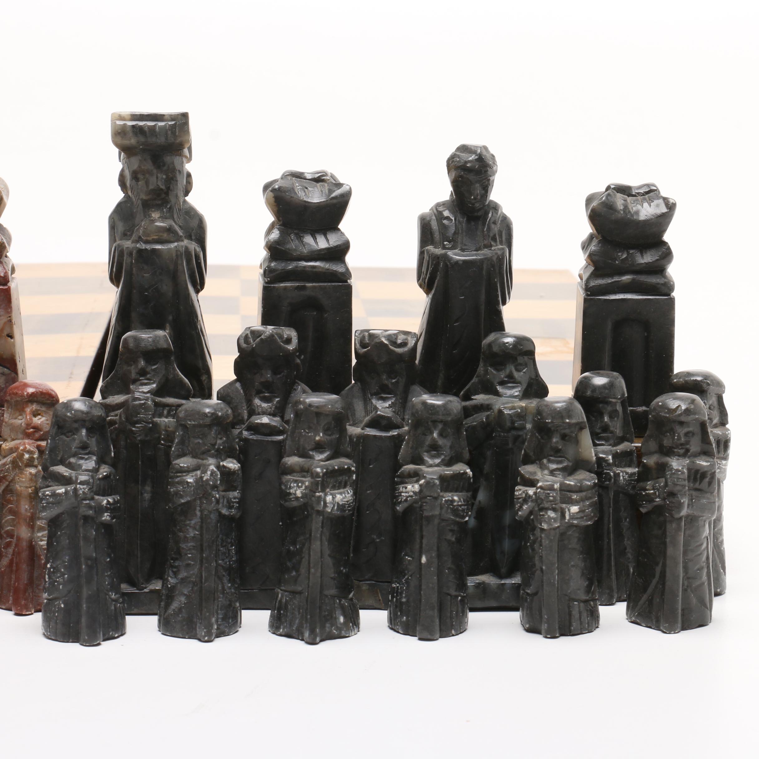 Korean Carved Soapstone and Resin on Wood Chess Set