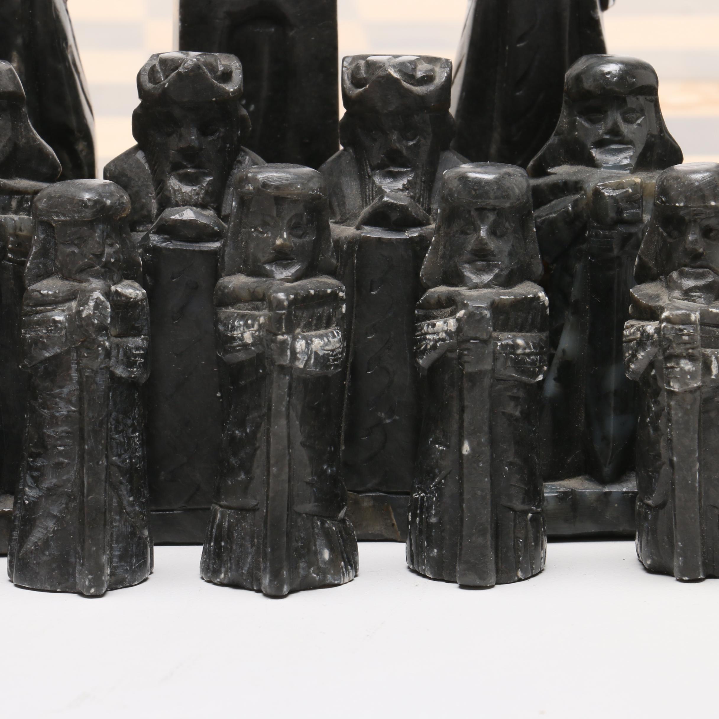 Korean Carved Soapstone and Resin on Wood Chess Set