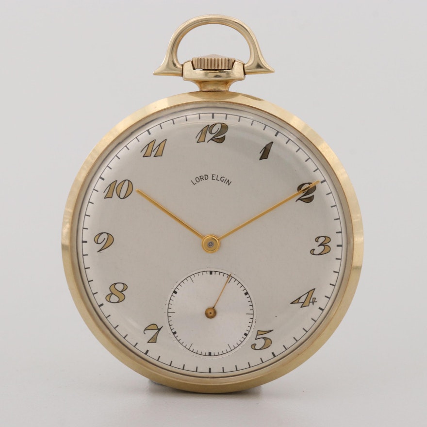 Vintage Lord Elgin 14K Yellow Gold Open Face Pocket Watch