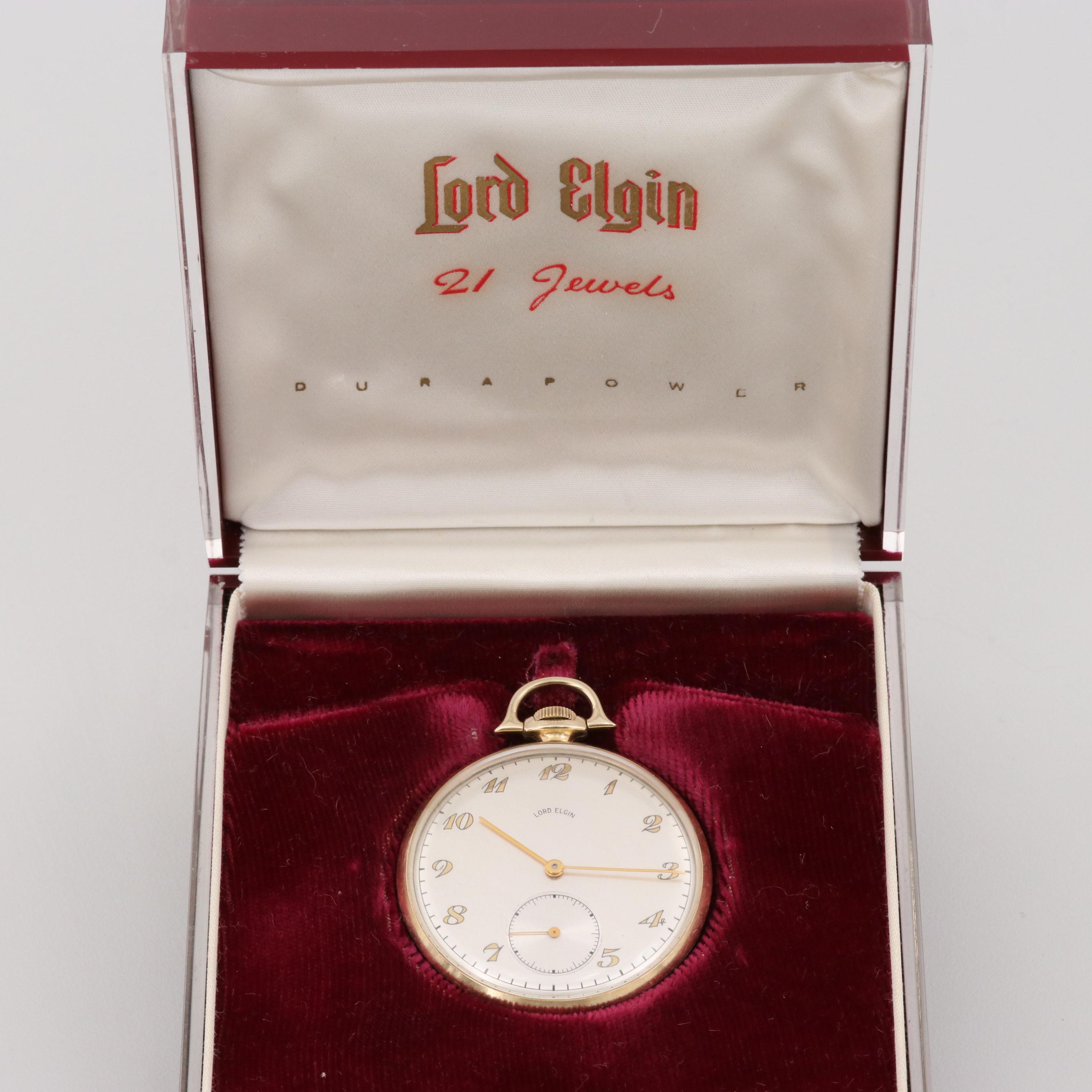 Vintage Lord Elgin 14K Yellow Gold Open Face Pocket Watch