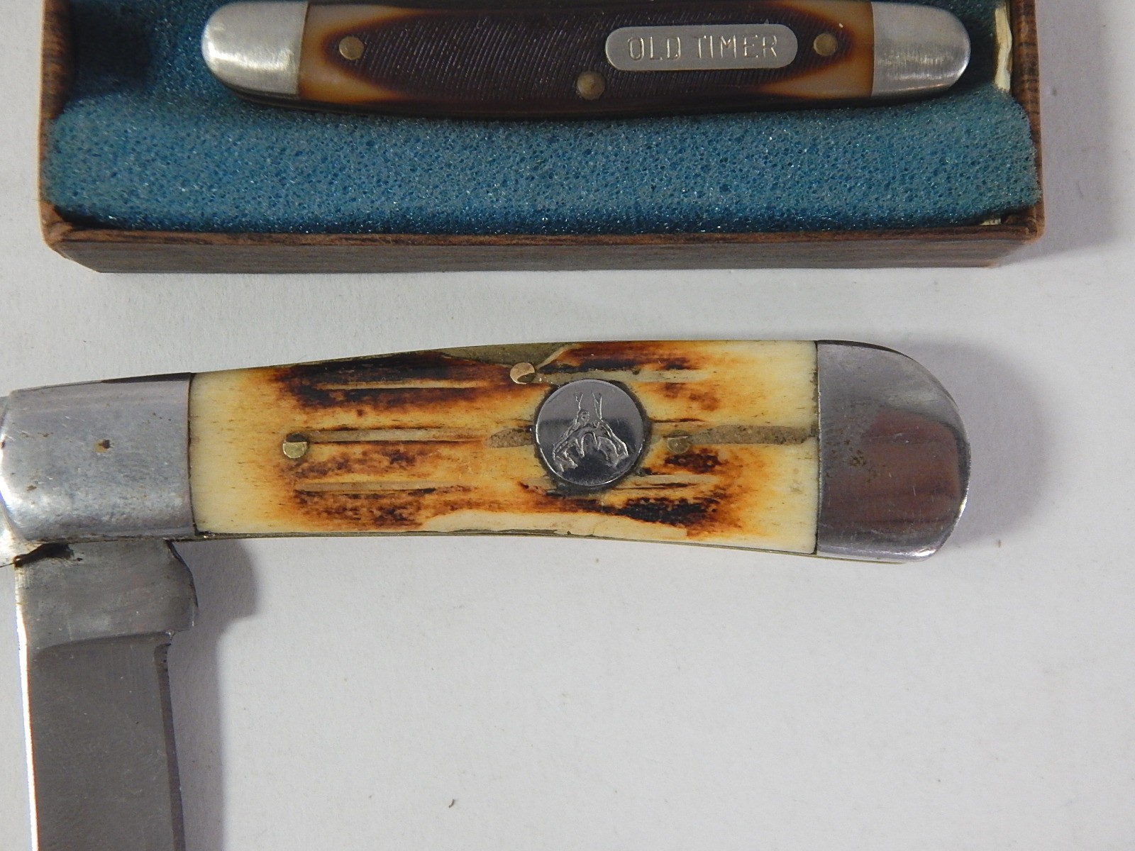 "Old Timer" Schrade 1080T Folding Knife and White Tail Cutlery Hand Made Knife