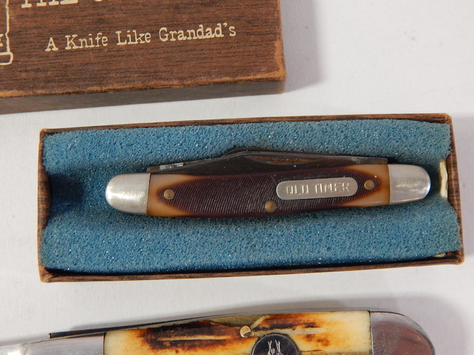 "Old Timer" Schrade 1080T Folding Knife and White Tail Cutlery Hand Made Knife