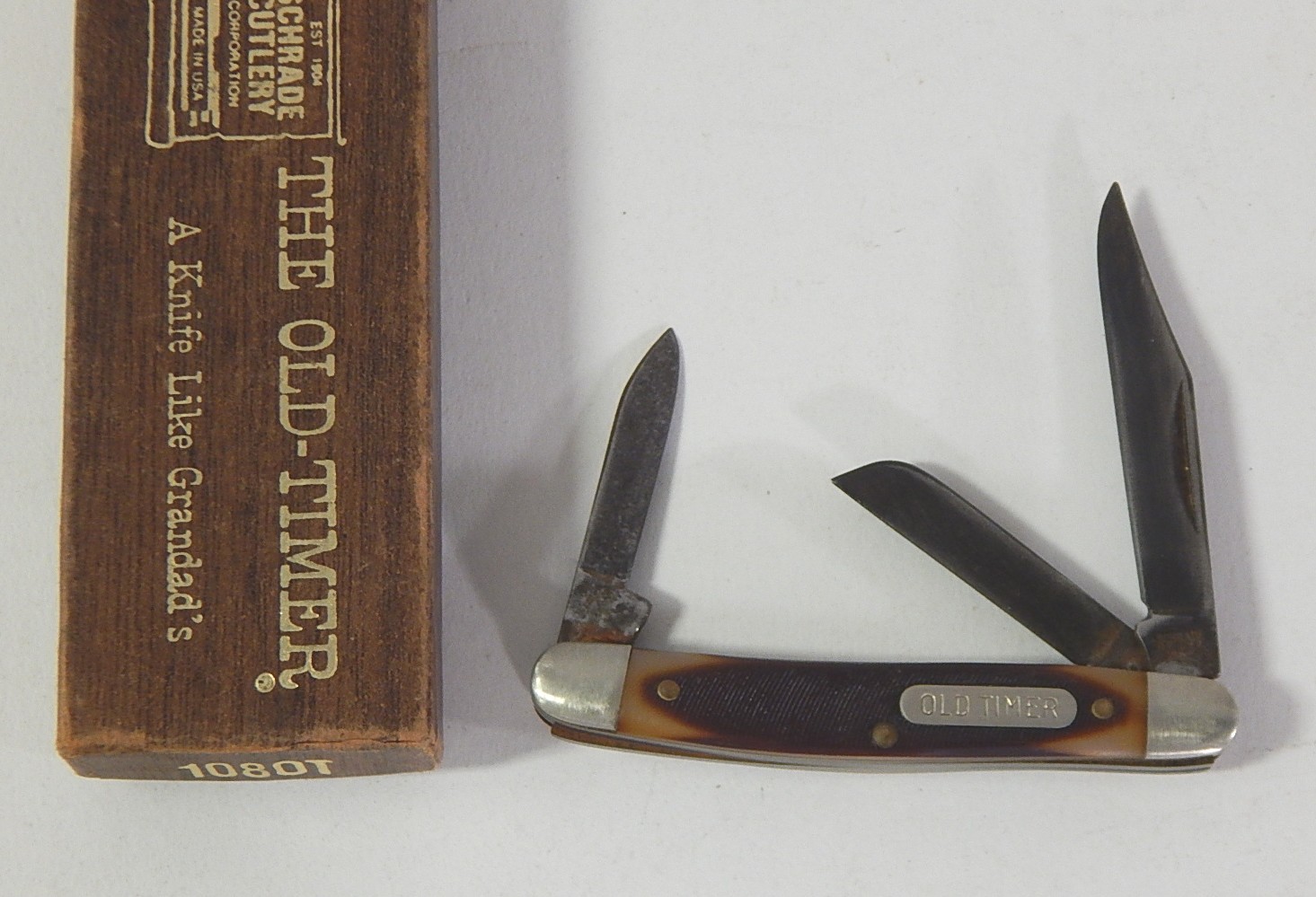 "Old Timer" Schrade 1080T Folding Knife and White Tail Cutlery Hand Made Knife