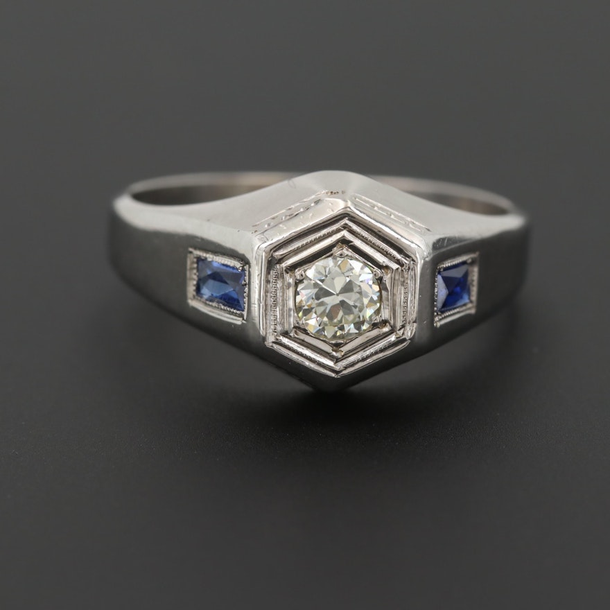 Art Deco 18K White Gold Diamond and Synthetic Blue Sapphire Ring