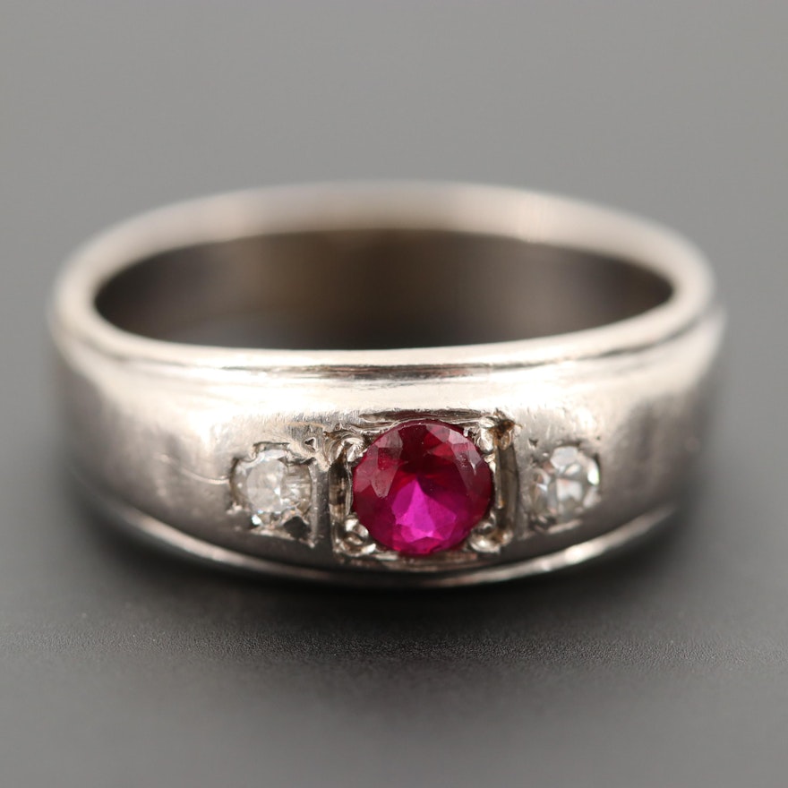 Vintage 10K White Gold Synthetic Ruby and Diamond Ring