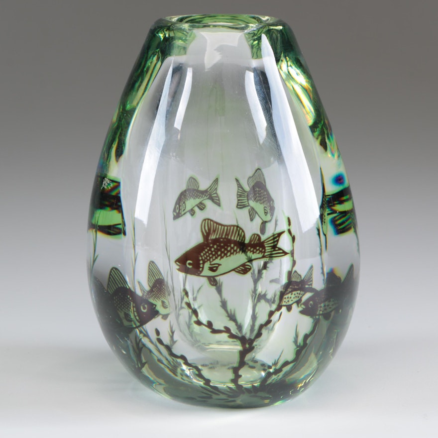 Edward Hald for Orrefors Graal Art Glass Aquarium Vase, Mid-Century