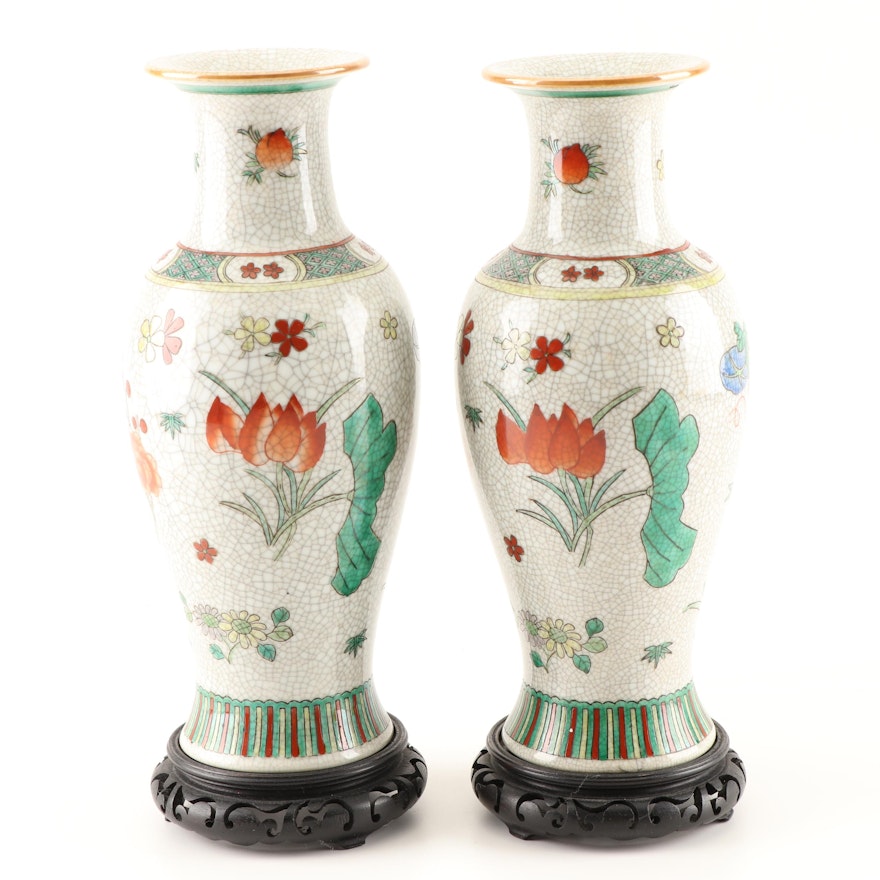 Chinese Craquelure Vases with Stands