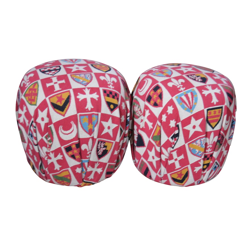Heraldry Upholstered Poufs/Ottomans, Pair, Contemporary
