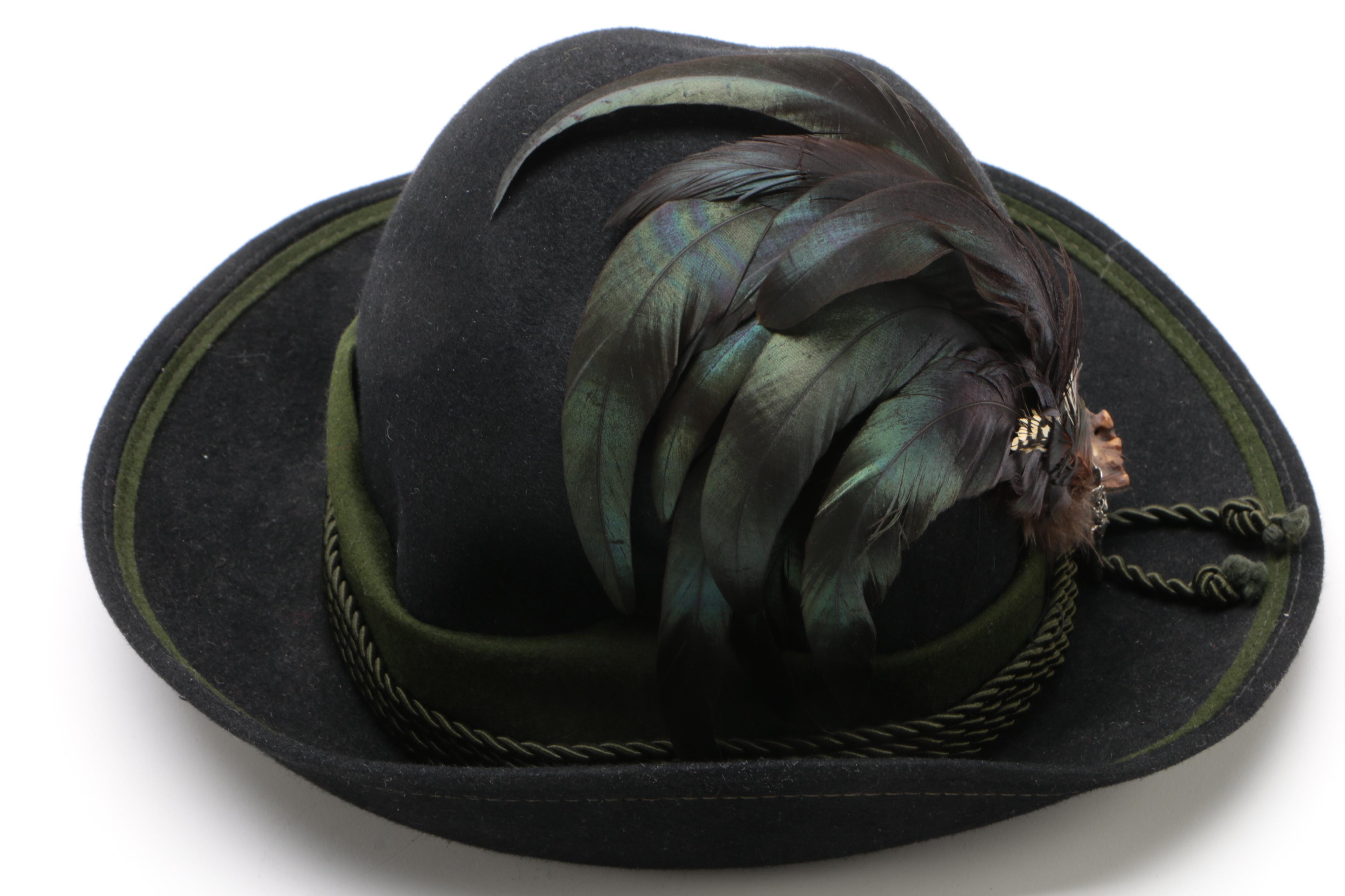 Austrian Felt Walking Hat with Feathers, Braided Trim and Stag Horn Button