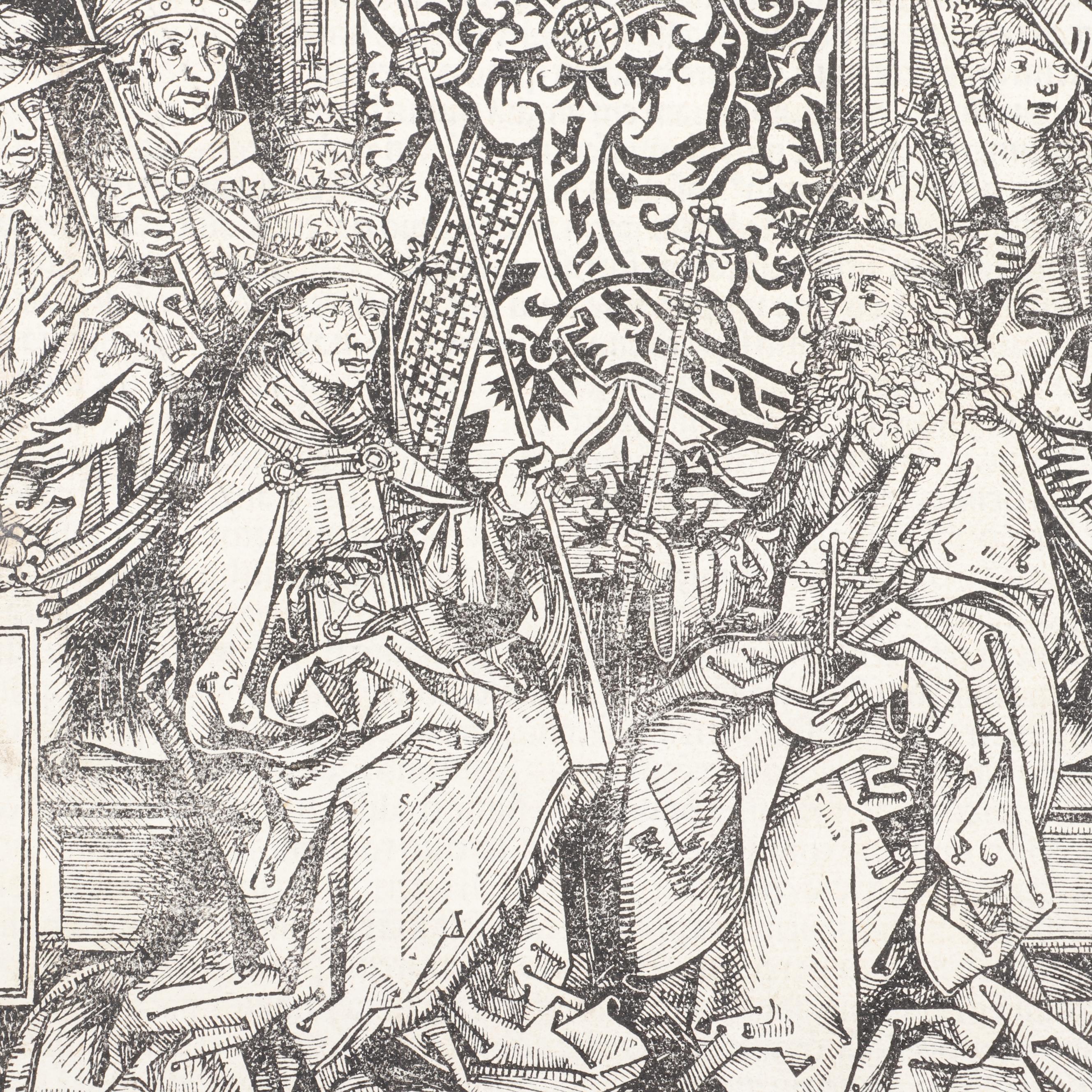 Leaf from circa 1493 "Nuremberg Chronicle" with Pope Pius II & Frederick III