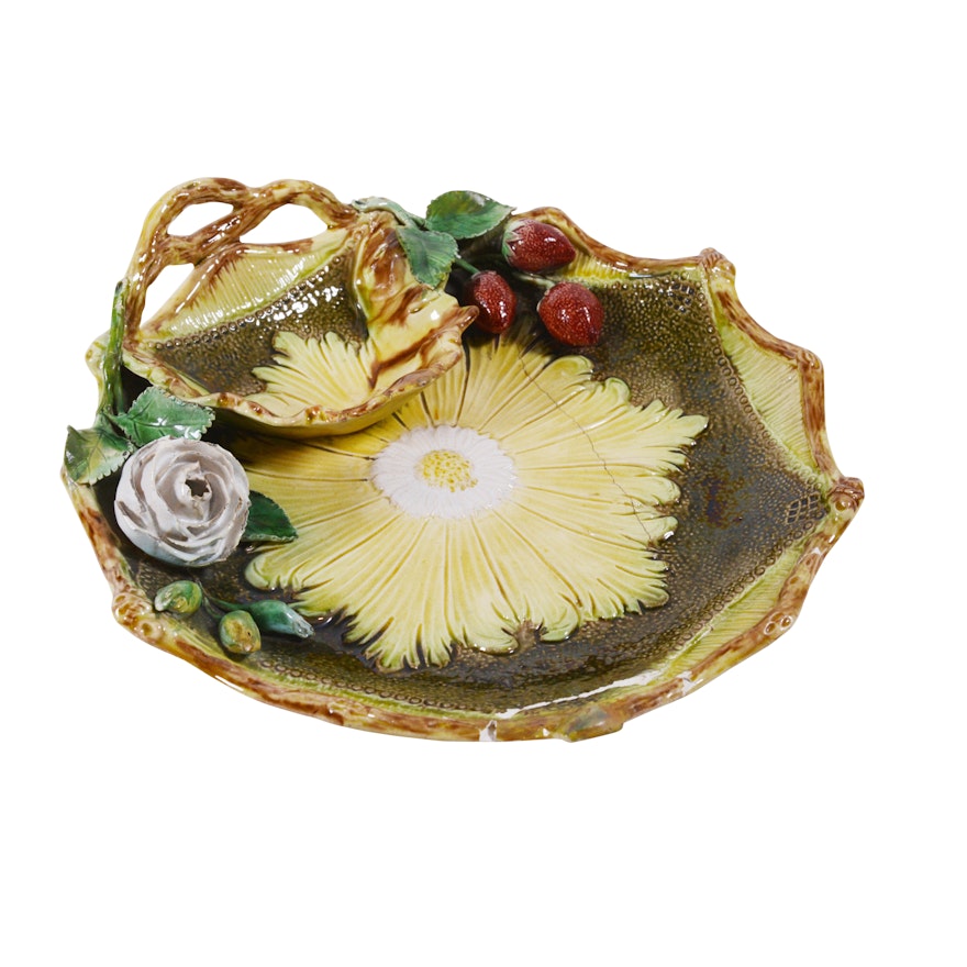 Majolica Floral Scalloped Serving Bowl with Handle, Antique