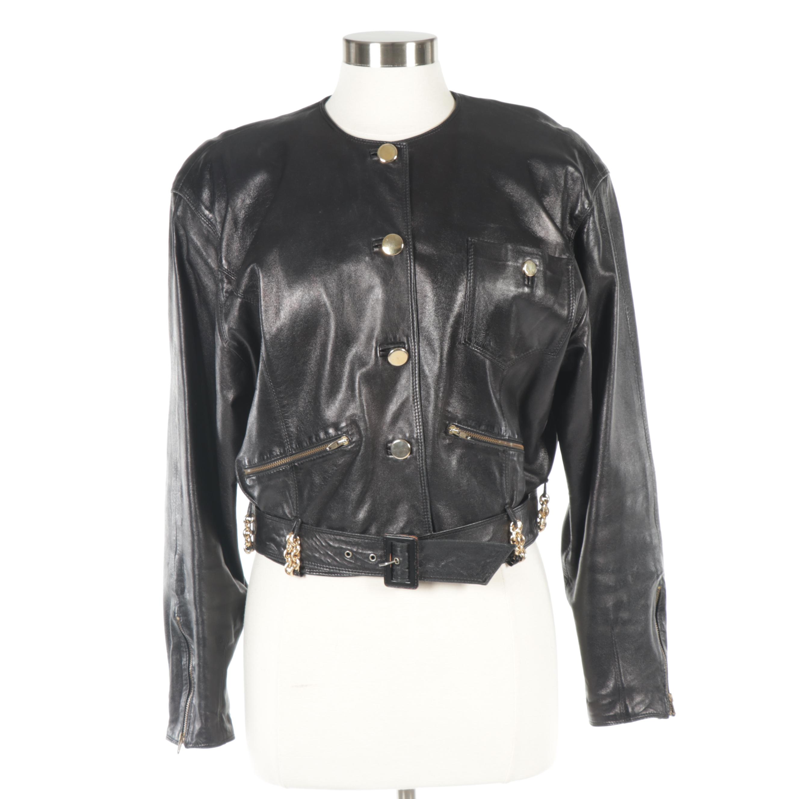 Women's Begedor Italia Black Leather Jacket with Chain Link Accents