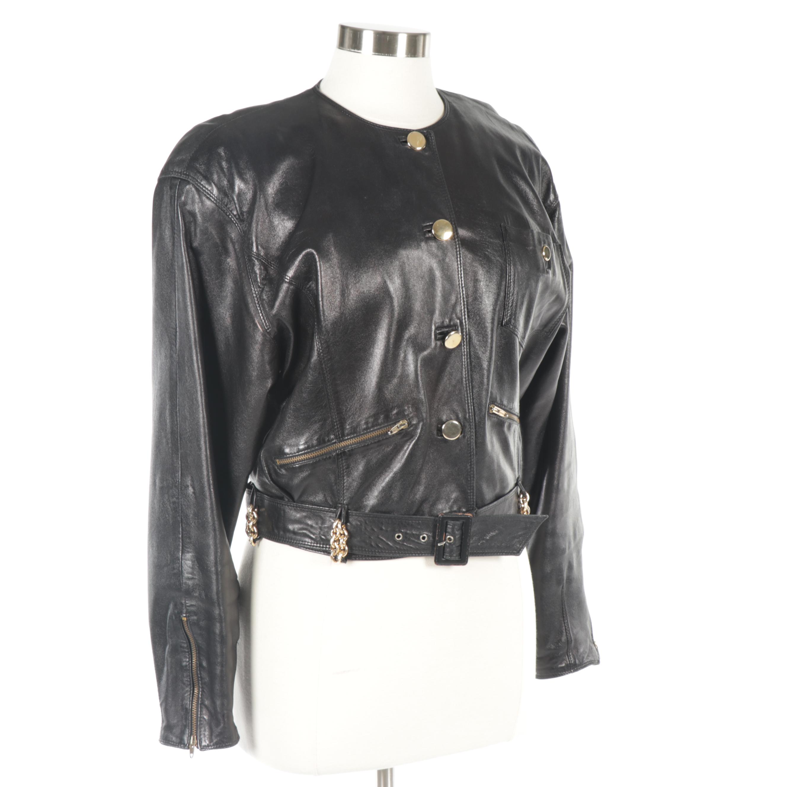 Women's Begedor Italia Black Leather Jacket with Chain Link Accents