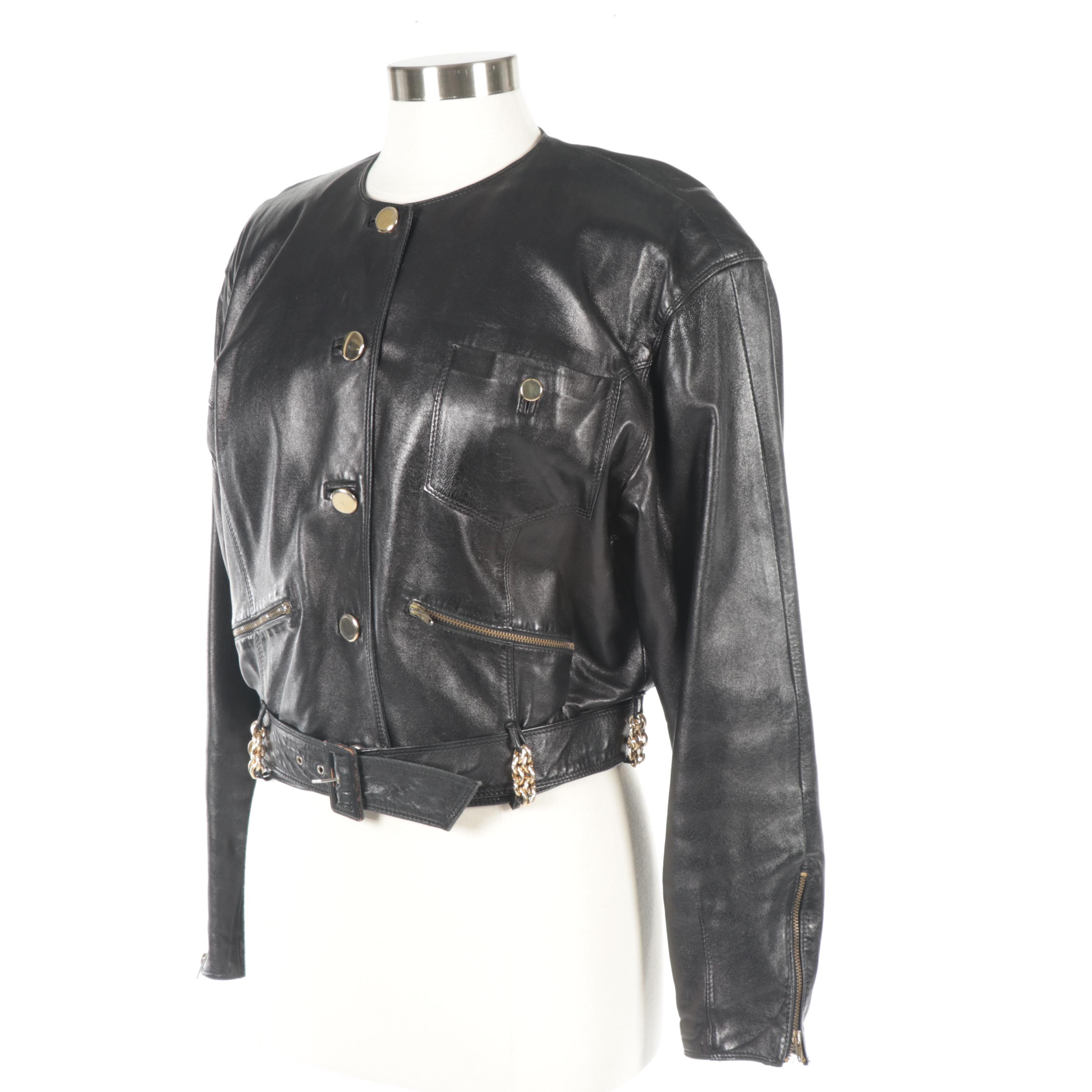 Women's Begedor Italia Black Leather Jacket with Chain Link Accents